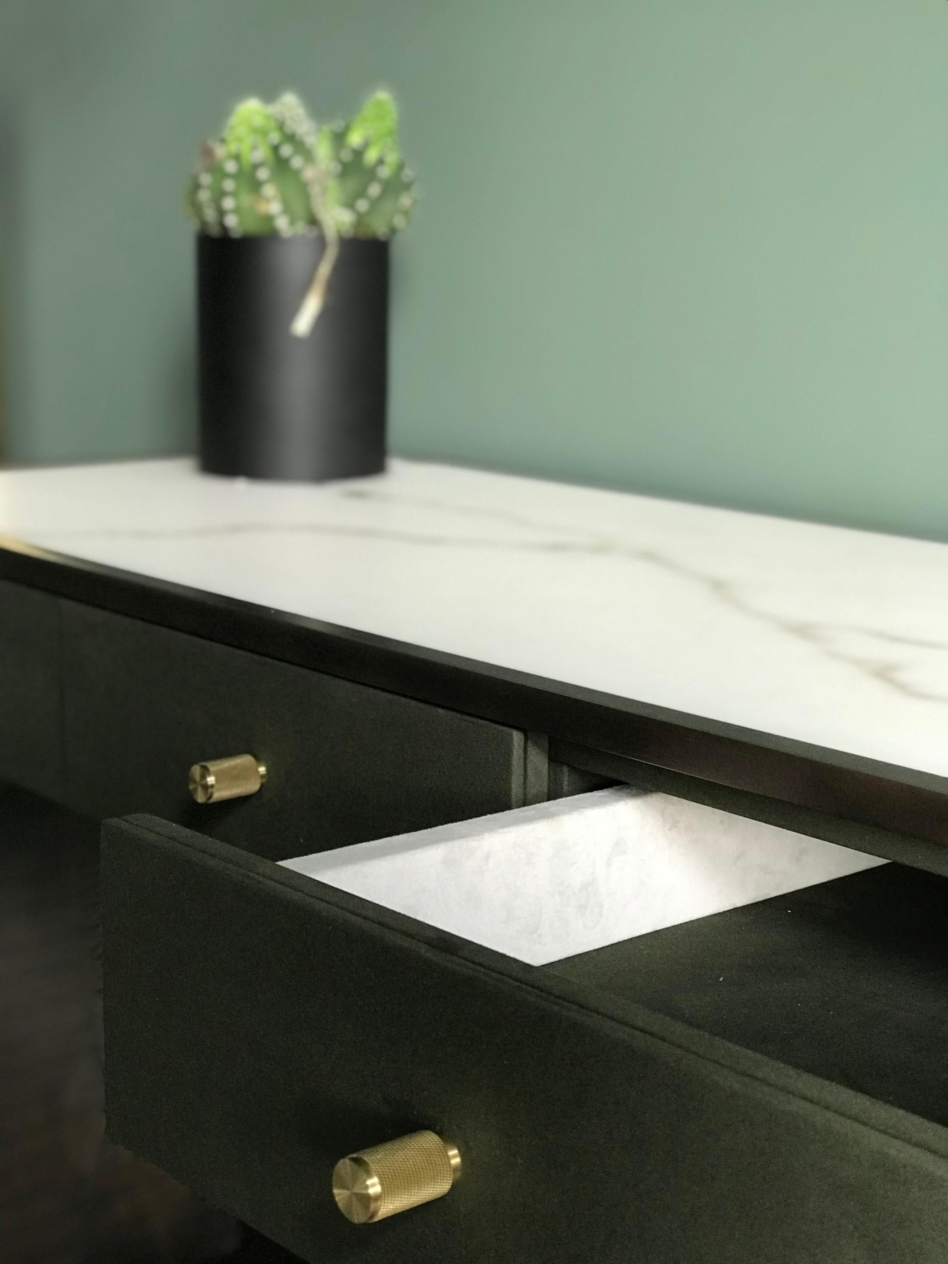 Plated Eros Desk in Antique Bronze Frame & Novasuede and Marblo Surface For Sale