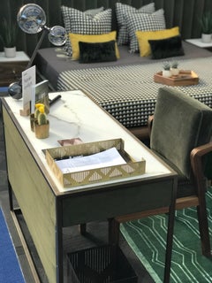 Eros Desk in Powder Coated, Novasuede upholstery, Marblo surface and Brass Knob