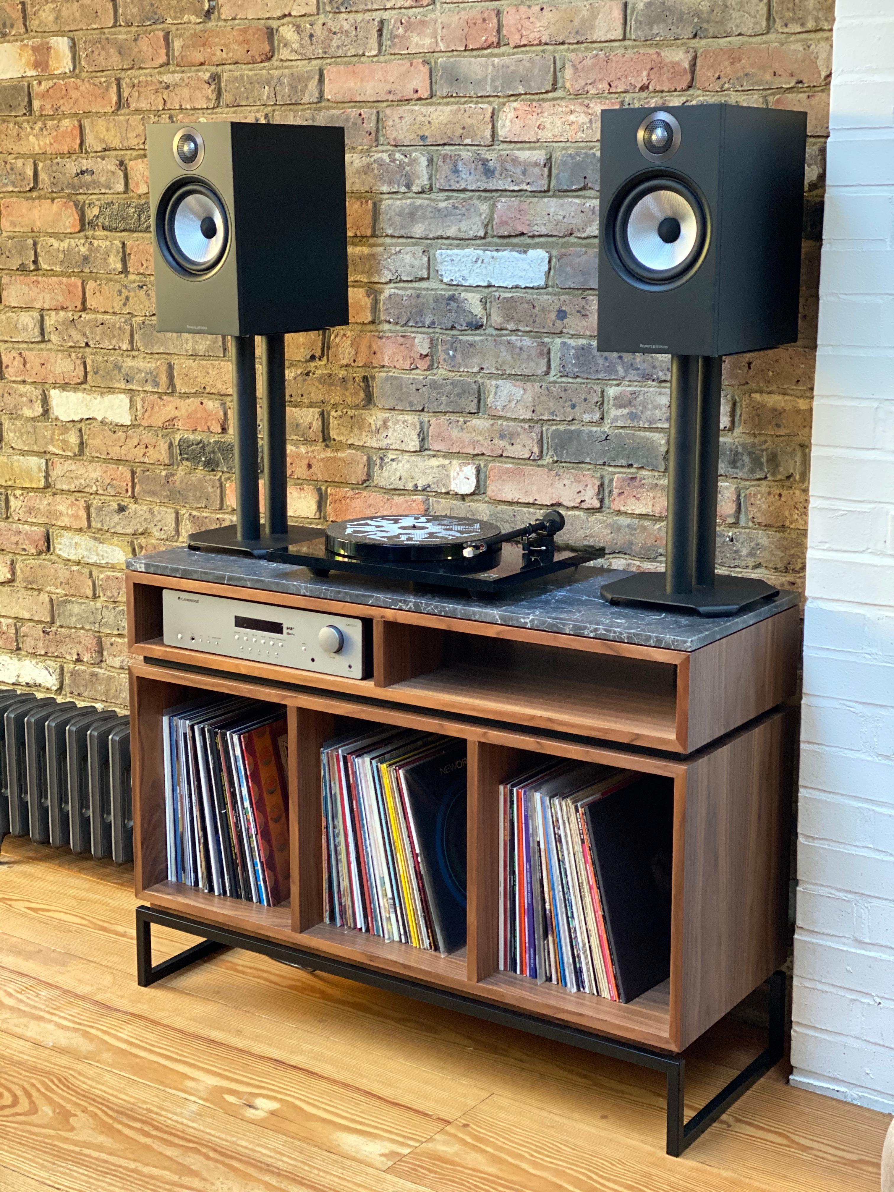 Mid-Century Modern Custom Made Pelios DJ Console Table Walnut Veneer, Metal Legs and Marble For Sale