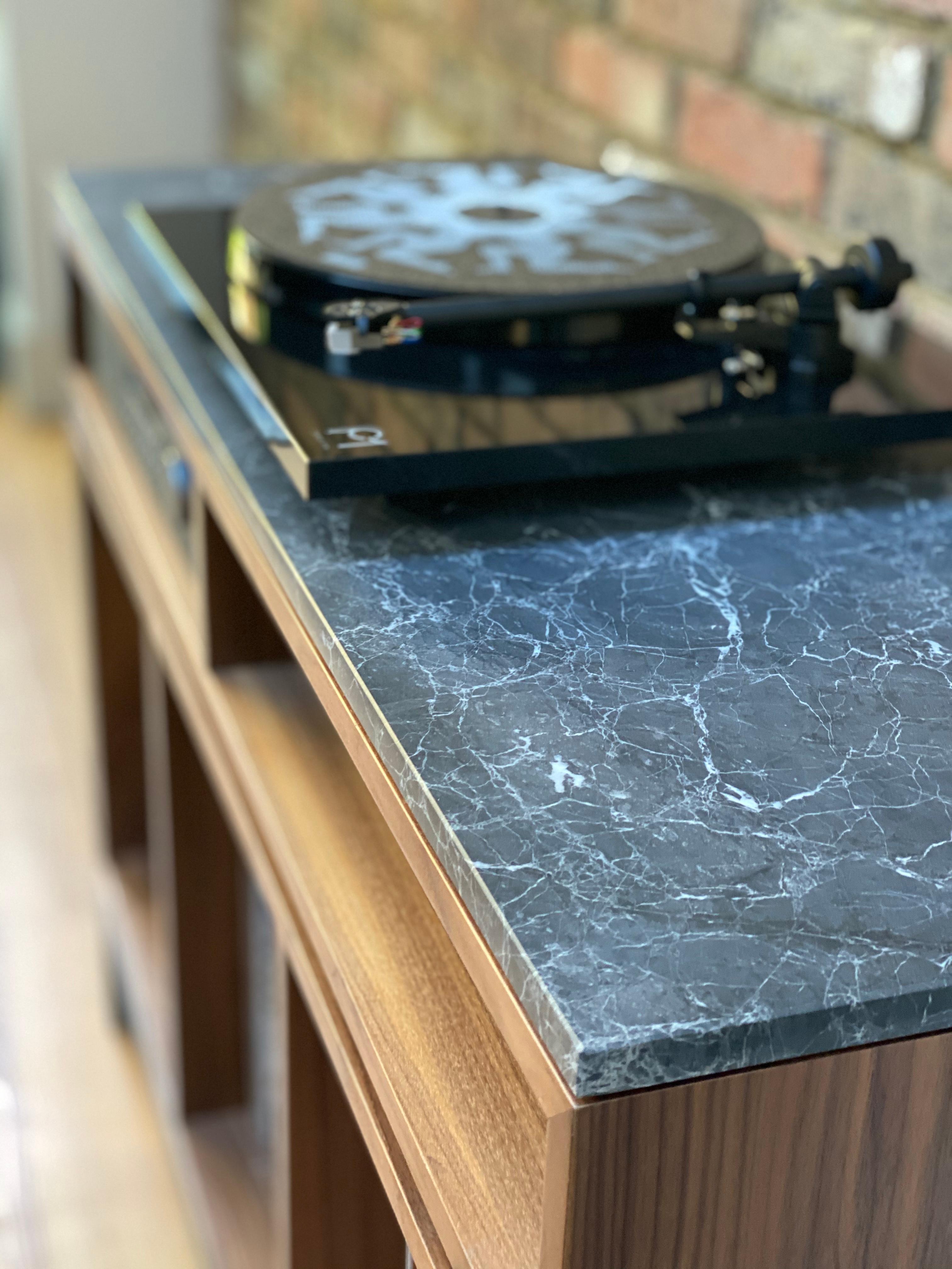 British Custom Made Pelios DJ Console Table Walnut Veneer, Metal Legs and Marble For Sale