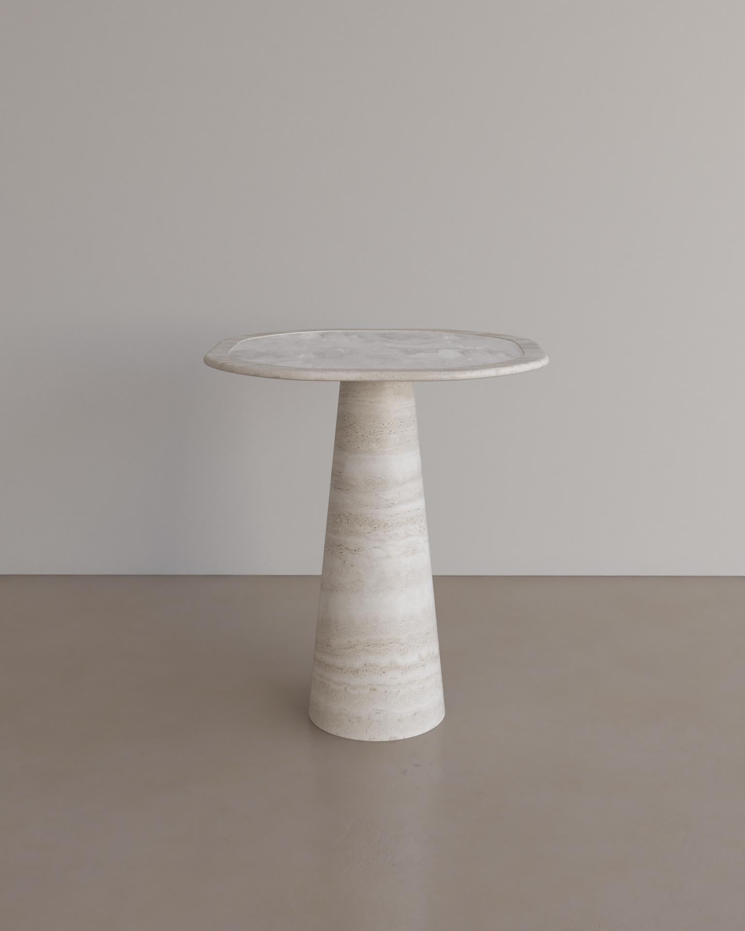 Onyx Eros Foyer Table in Italian Bianco Travertine with a Viola Heart For Sale