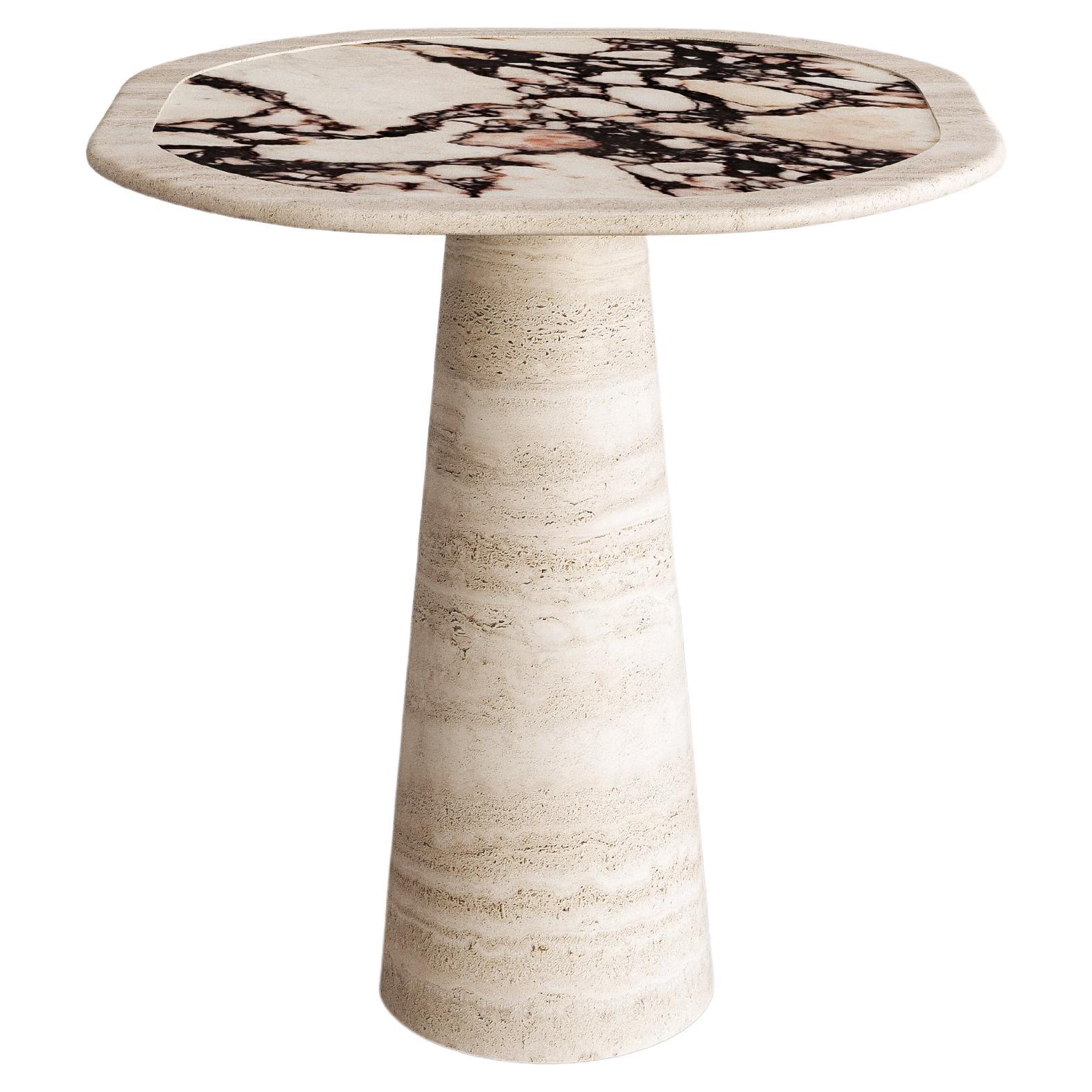 Eros Foyer Table in Italian Bianco Travertine with a Viola Heart For Sale
