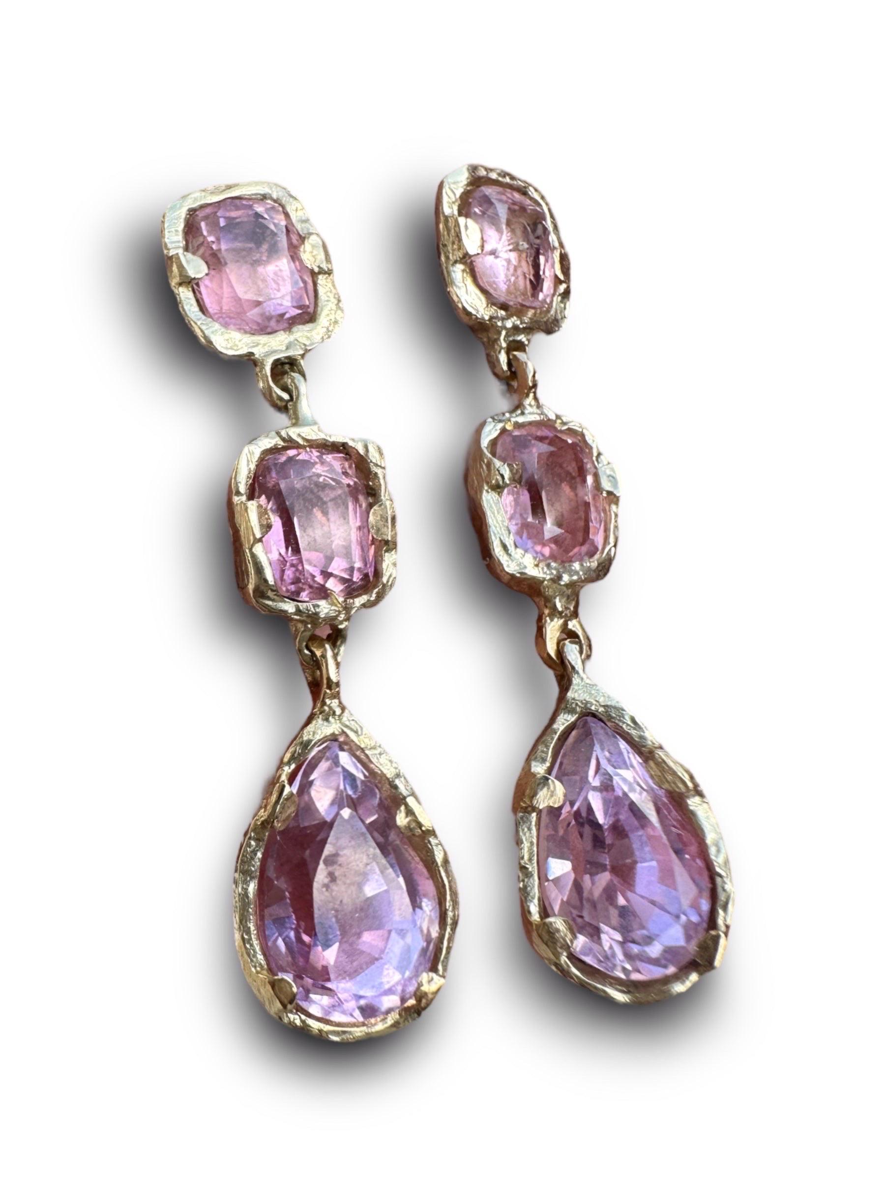 Modern Eros Pink Tourmaline and Kunzite Dangle Gala Tear Drop Earrings in Gold in stock