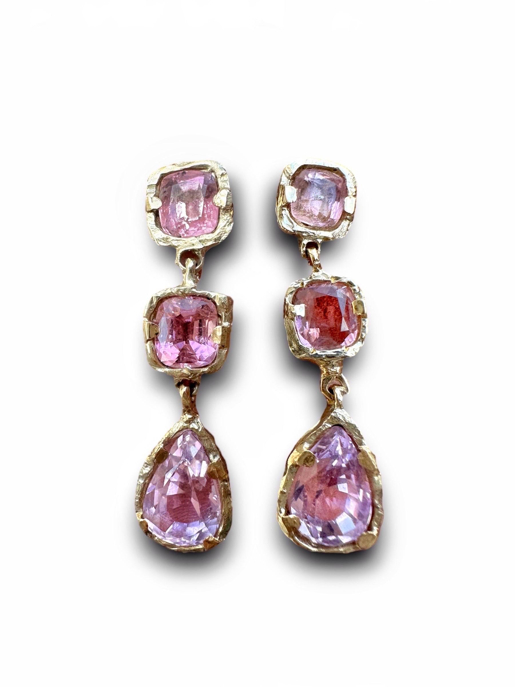 Pear Cut Eros Pink Tourmaline and Kunzite Dangle Gala Tear Drop Earrings in Gold in stock