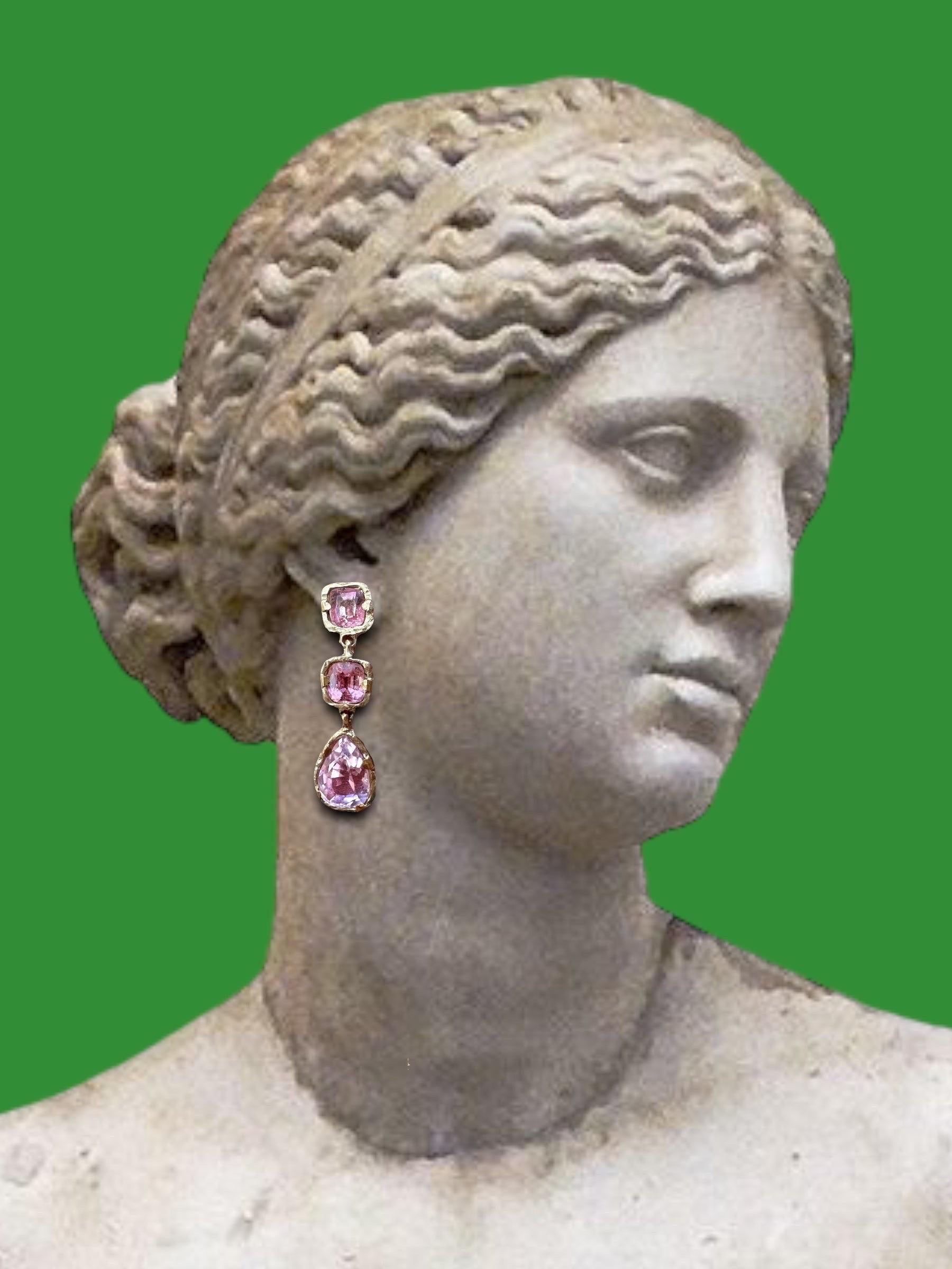 Eros Pink Tourmaline and Kunzite Dangle Gala Tear Drop Earrings in Gold in stock In New Condition In London, GB