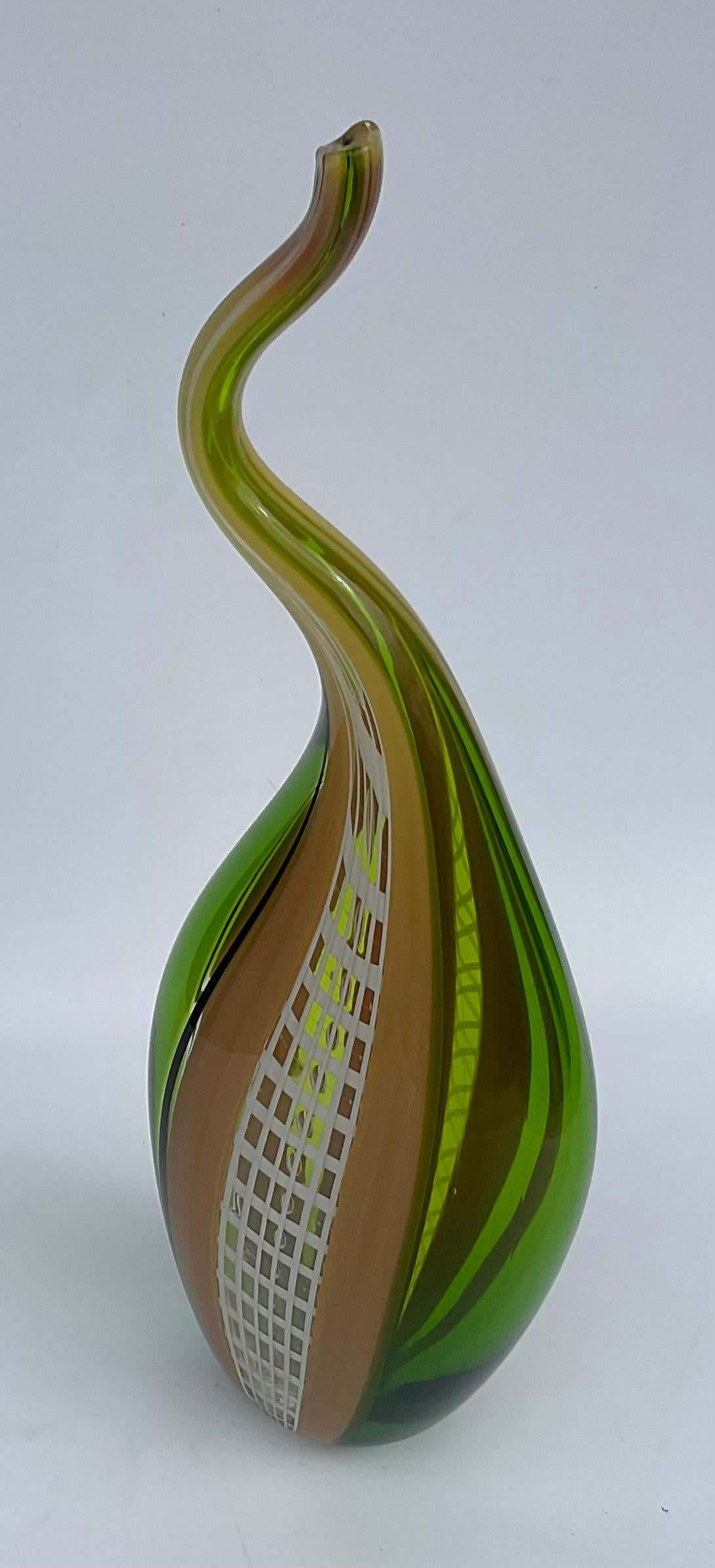 Italian Eros Raffael Signed Murano Sculpture Glass Vase with Latticino Brilliant Color For Sale