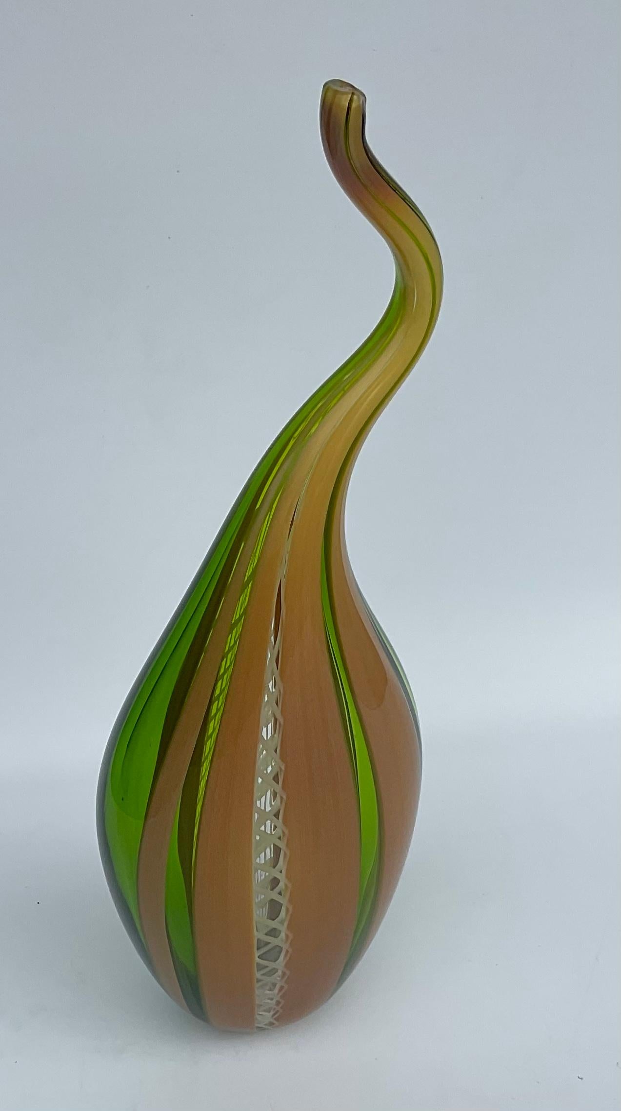 Eros Raffael Signed Murano Sculpture Glass Vase with Latticino Brilliant Color In Good Condition For Sale In Ann Arbor, MI