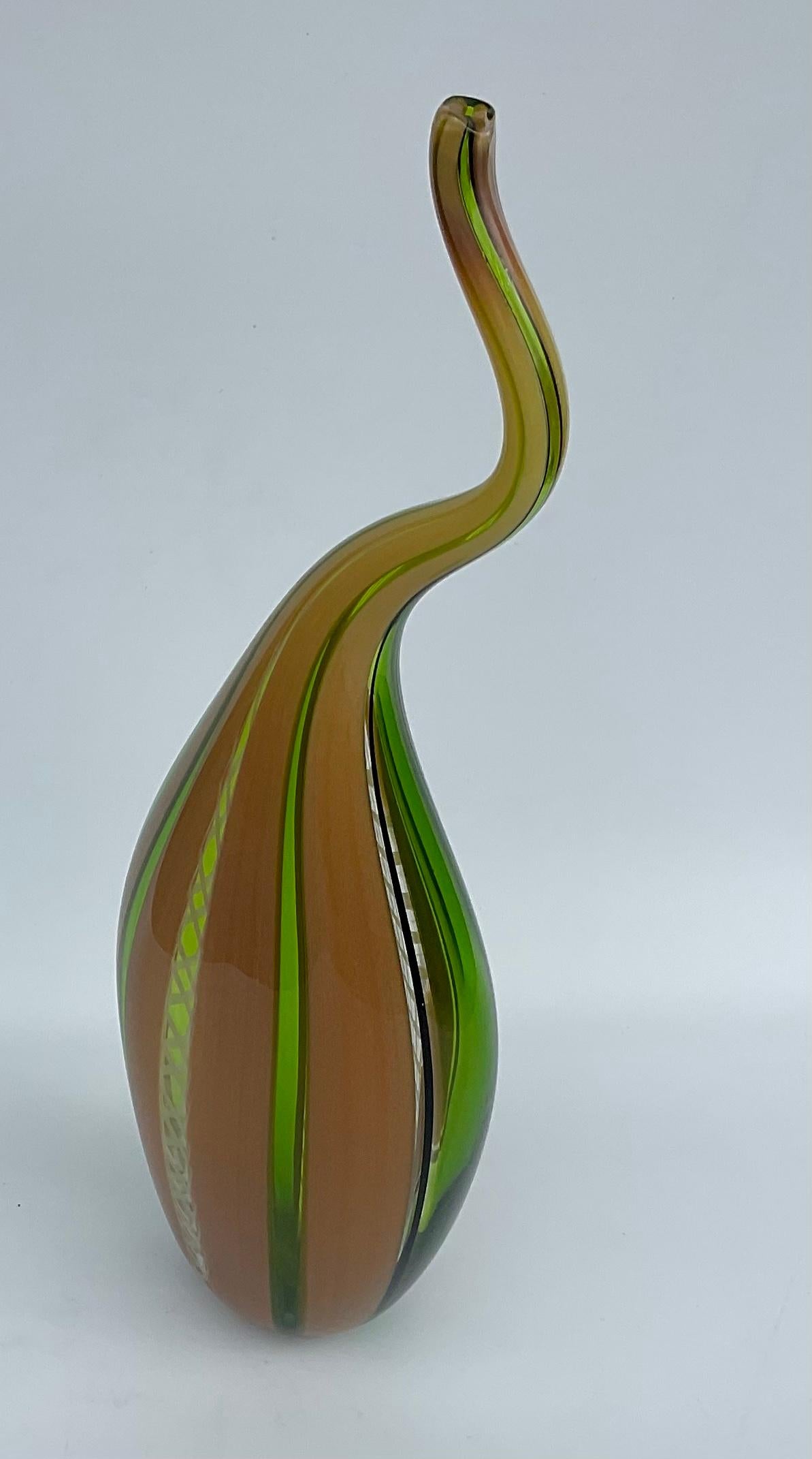 Late 20th Century Eros Raffael Signed Murano Sculpture Glass Vase with Latticino Brilliant Color For Sale