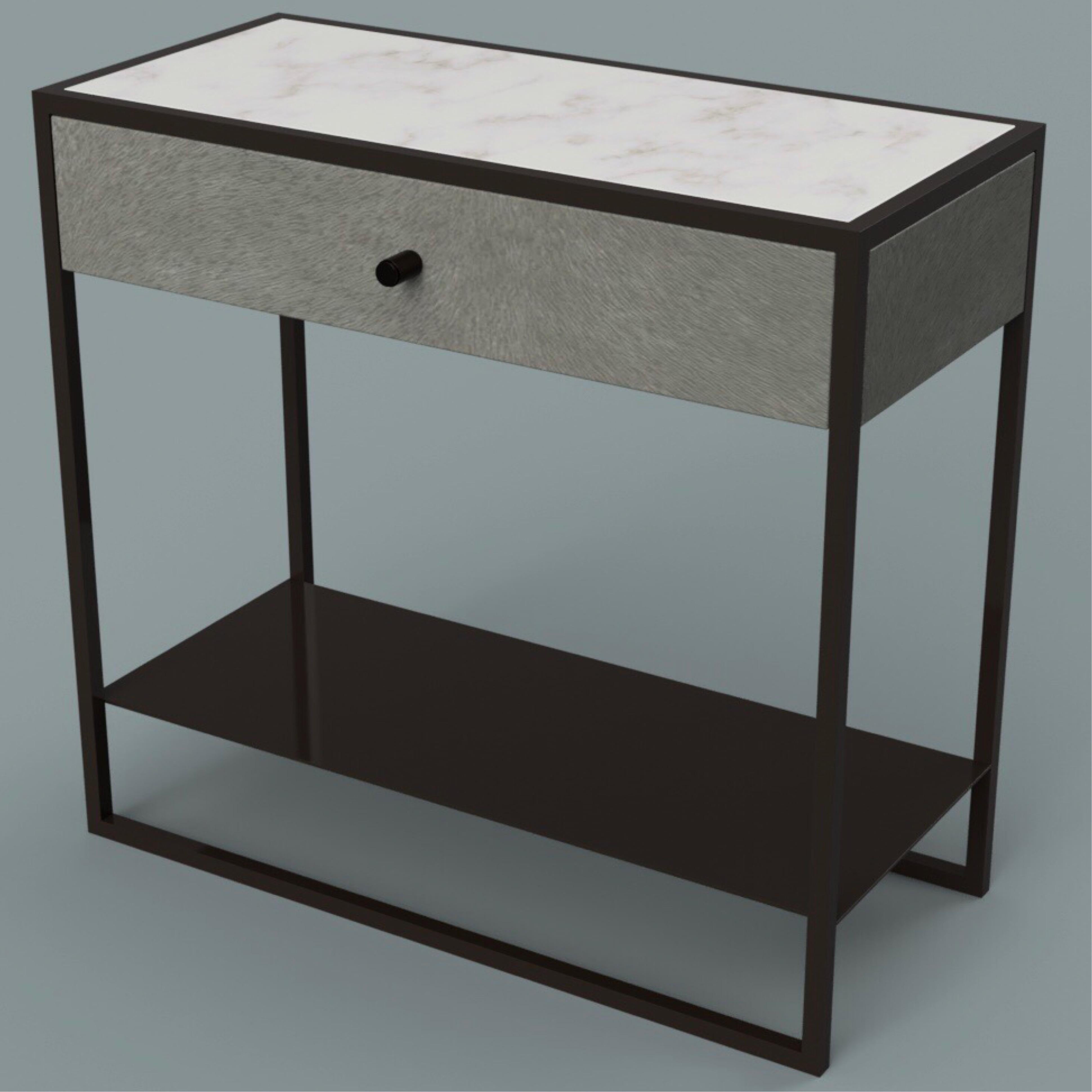 Schlanker Nachttisch von Eros, Marmoroberfläche, Ultraleder und dunkle Bronze pulverbeschichtet (Poliert) im Angebot
