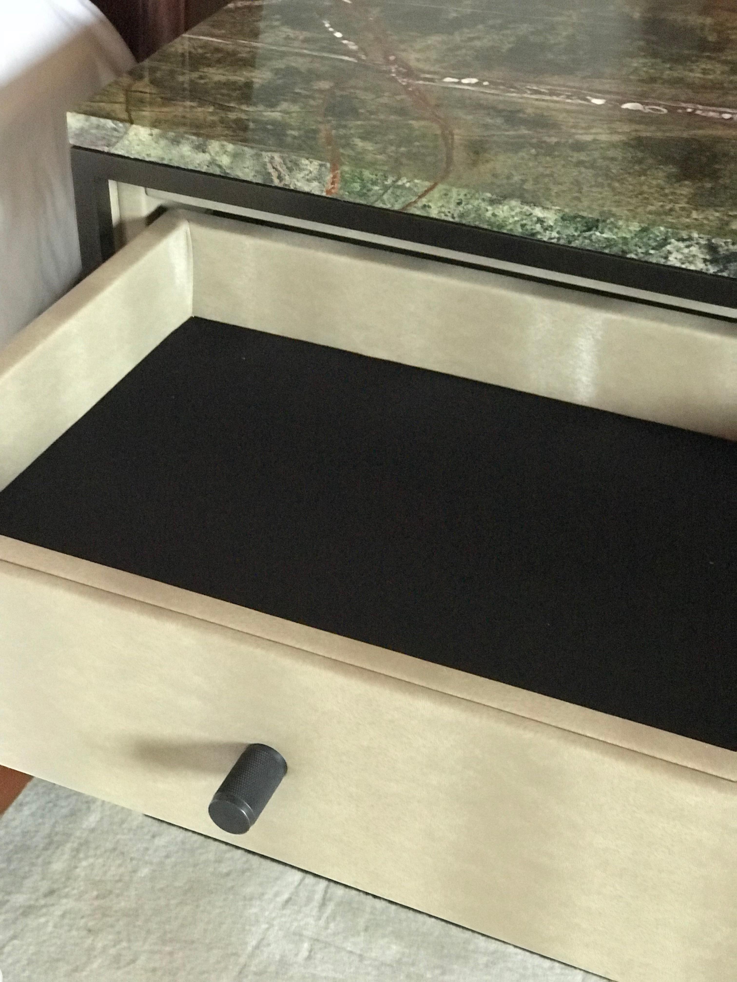 Modern Eros Slim Bedside Table Marble Surface, Ultraleather & Dark Bronze Powder Coated For Sale
