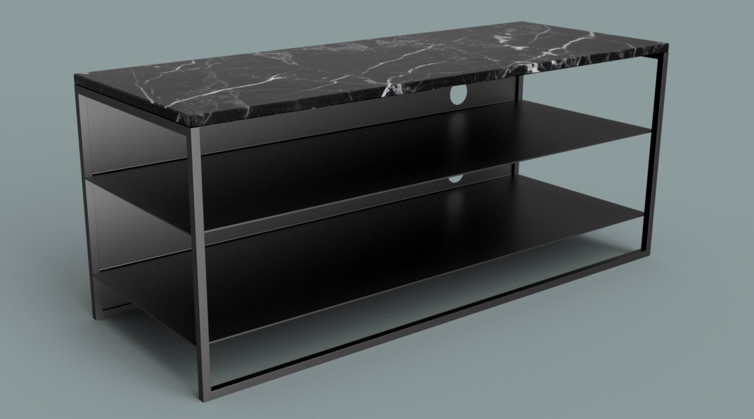 British Eros TV Console in Blackened Steel Frame and Marble Surface For Sale