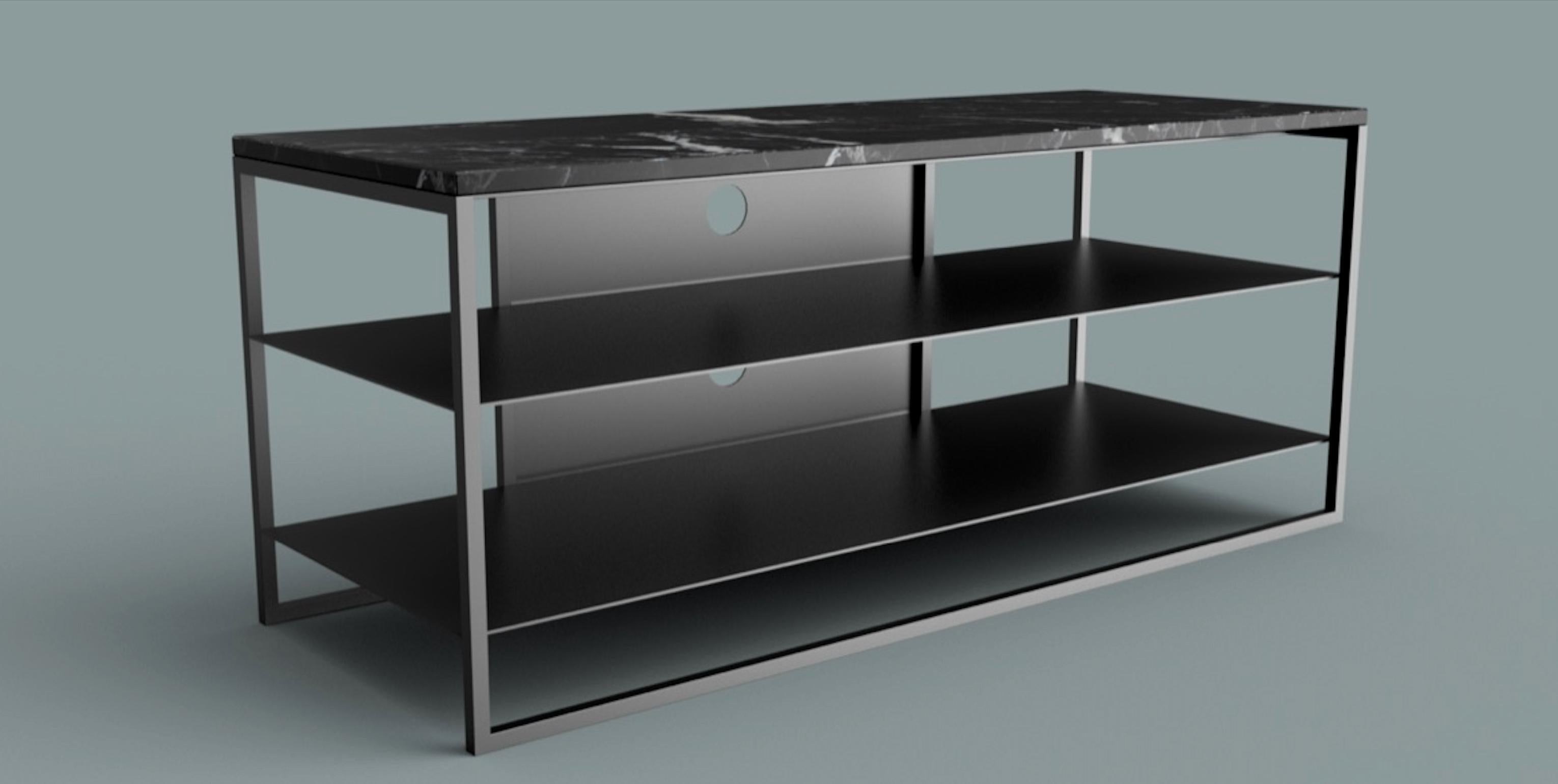 Eros TV Console in Blackened Steel Frame and Marble Surface For Sale 1