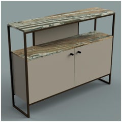 Eros TV Console in Steel Frame Leather Doors and Marble Surface