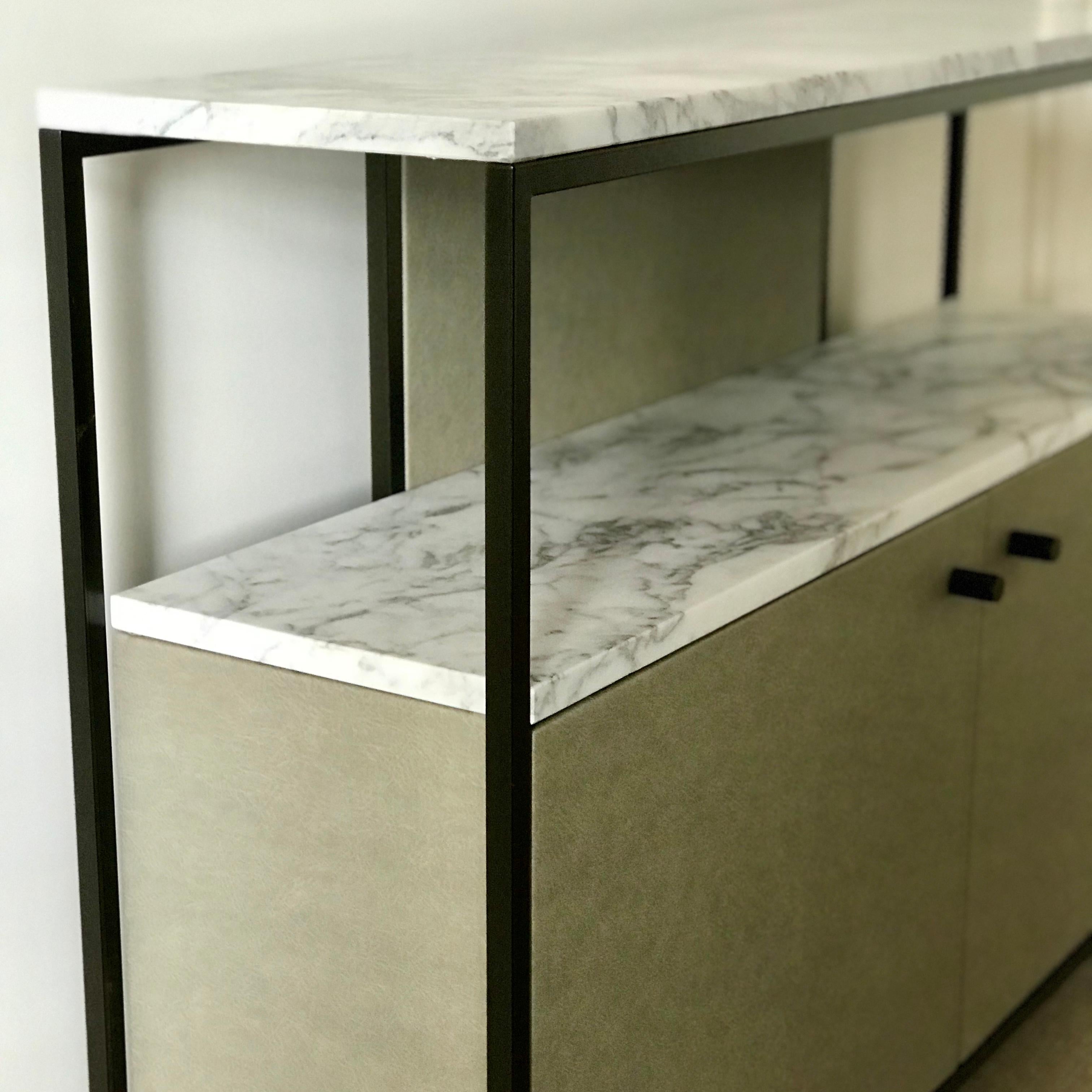Eros TV Console in Steel Frame Leather Doors and Marble Surface In New Condition For Sale In London, GB