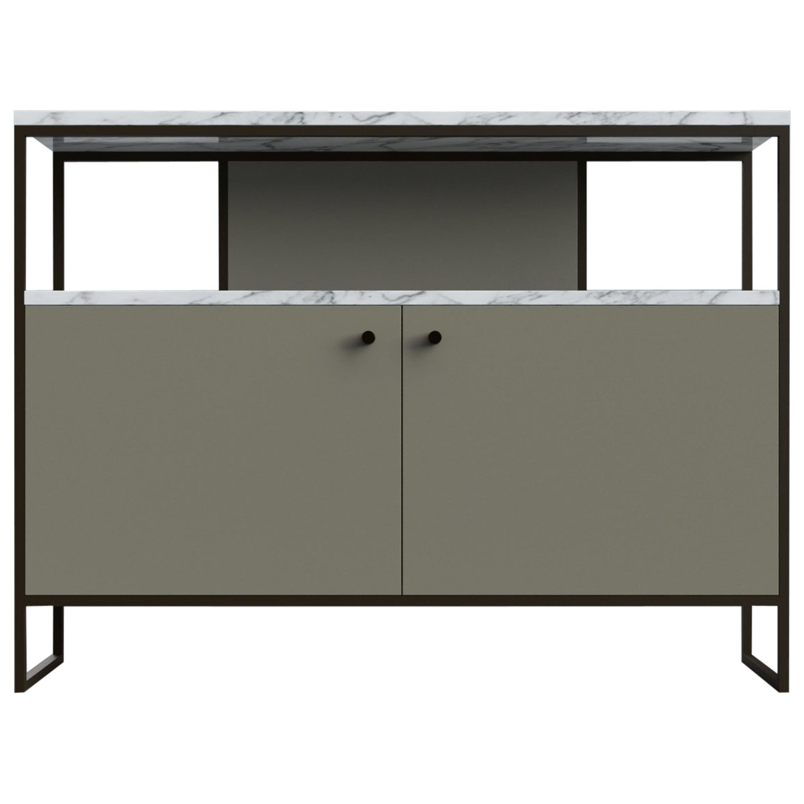 Eros TV Console in Steel Frame Leather Doors and Marble Surface