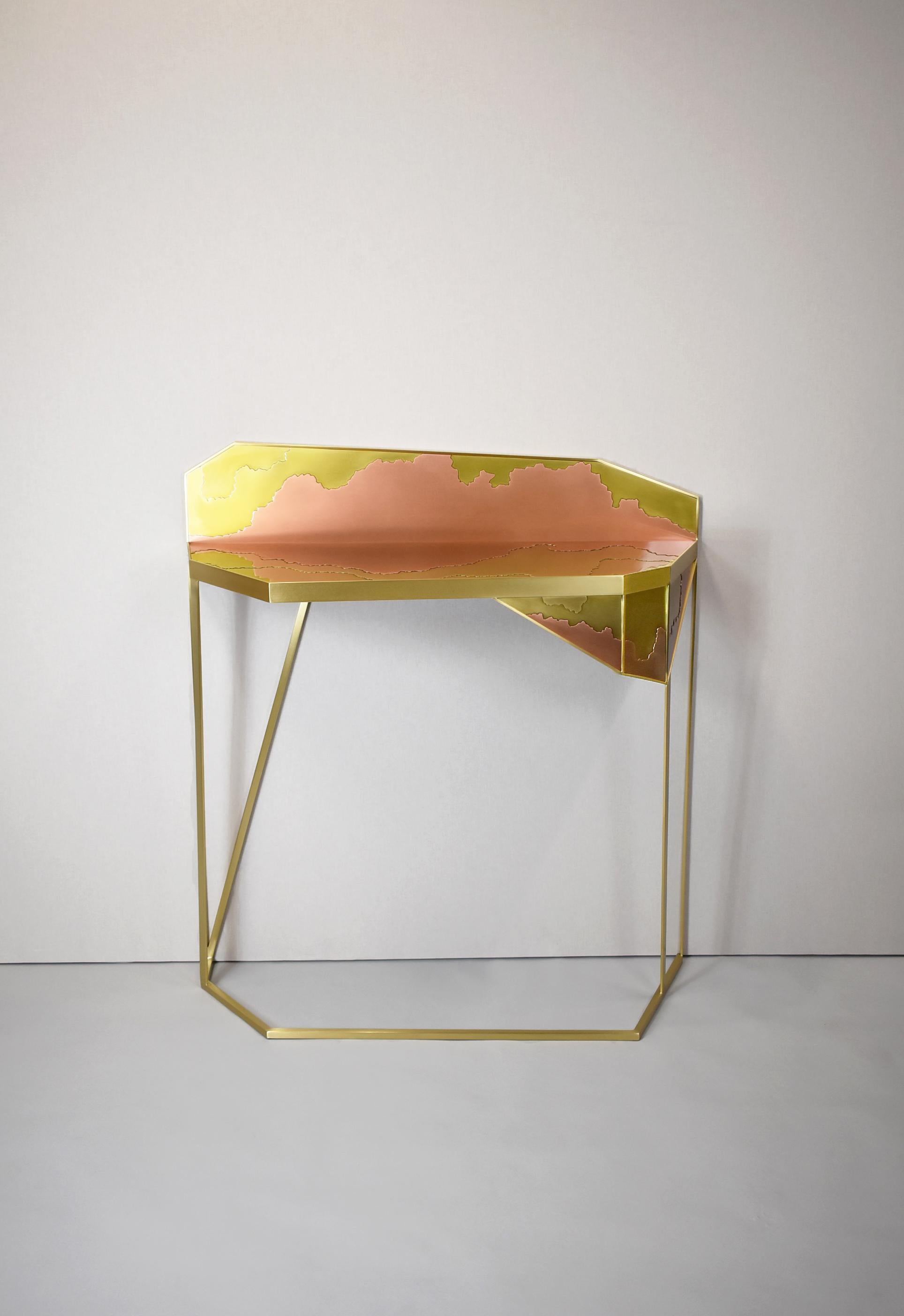 Erosion console table by Atelier Demichelis
Numbered and Signed
Dimensions: W 98 x D 38 x H 107 cm
Materials: Patinated Brass, Copper

Laura Demichelis

Laura was born & brought up in Provence, in the south of France.
Trained at the École