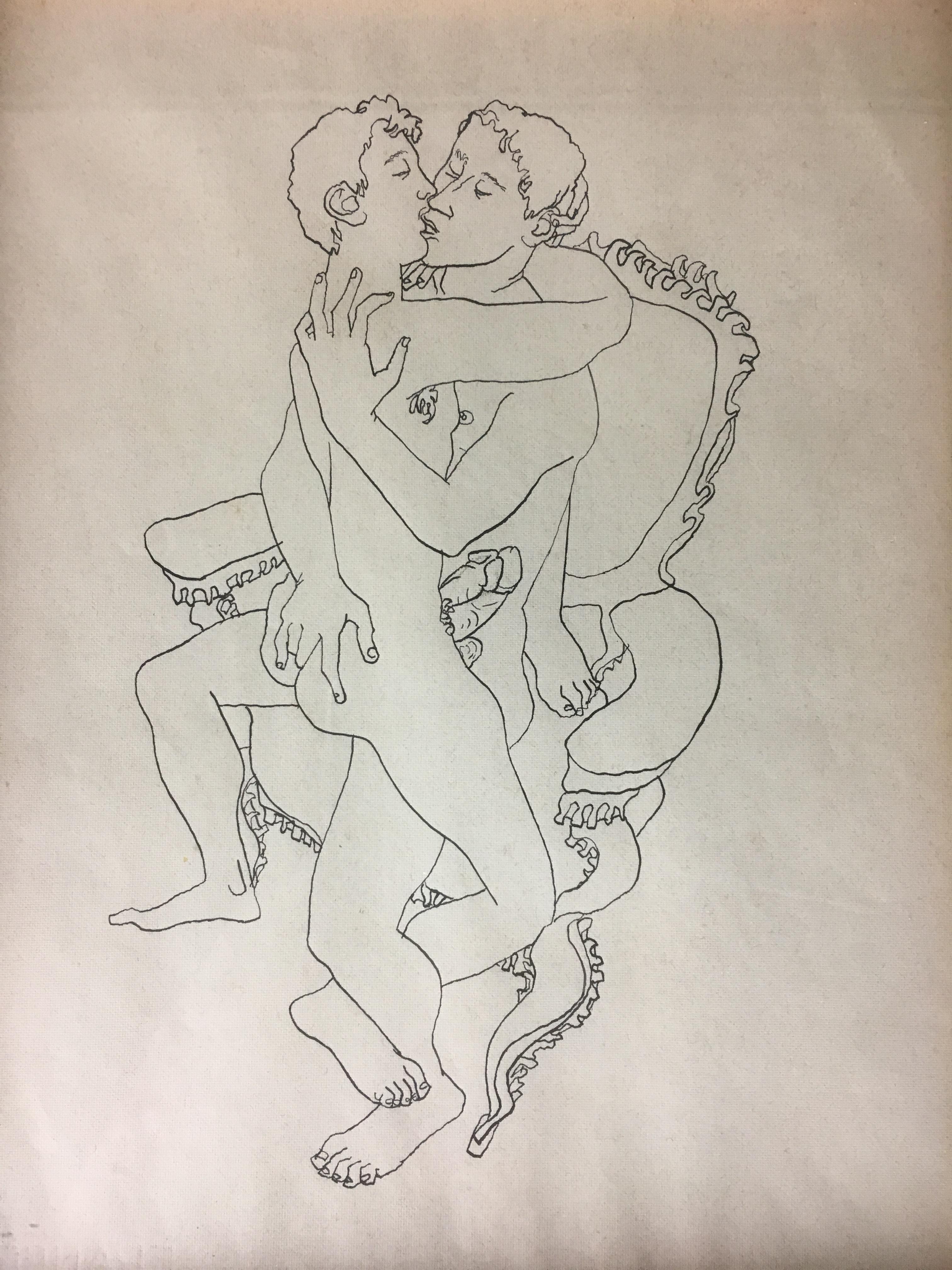 Erotic Art, ink drawing.
Attributed to listed French artist, Jean Boullet. 
Unsigned. 

Provenance: auction - estate of very close friend of African American Writer James Baldwin. 
Dimensions: 11 5/8