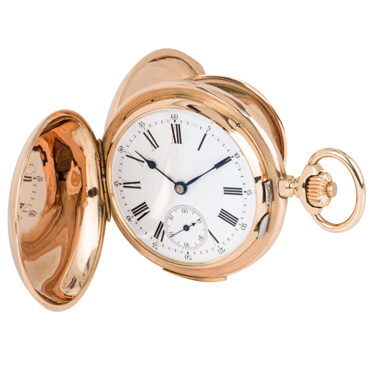 A 14ct Rose Gold Erotic Automaton Swiss Full Hunter Quarter Repeater Keyless Lever Pocket Watch C1890s.

Dial: A white enamel dial with Roman Numerals outer minute track with Arabic numerals, a sub second dial with blued steel spade hands.

Case: