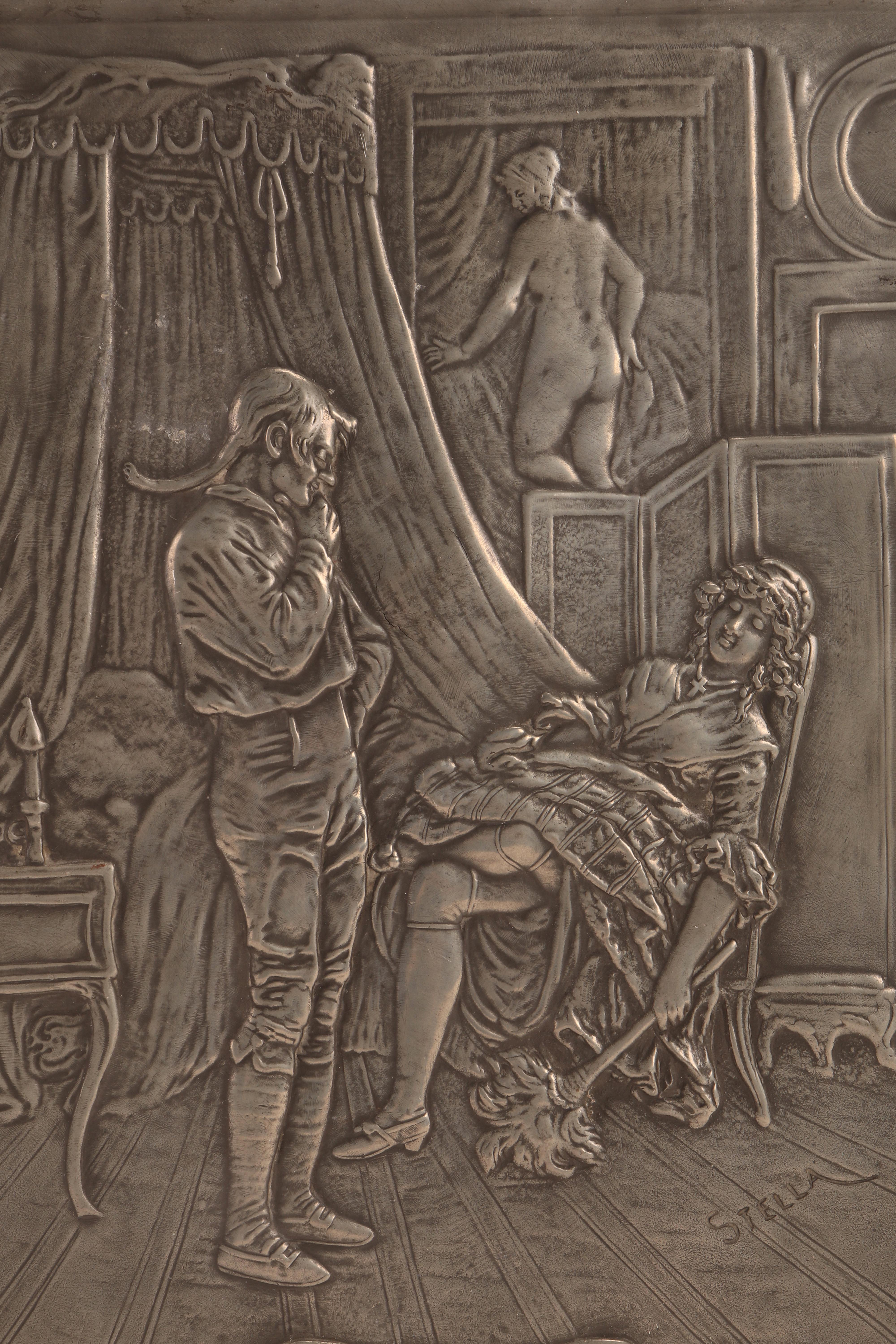 Erotic cast pewter plaque: A good surprise. In the bedroom with a bourgeois interior, the master of the house surprises the maid asleep, feather duster in hand and petticoat up. By Etienne Alexandre Stella (1850-1892). 


