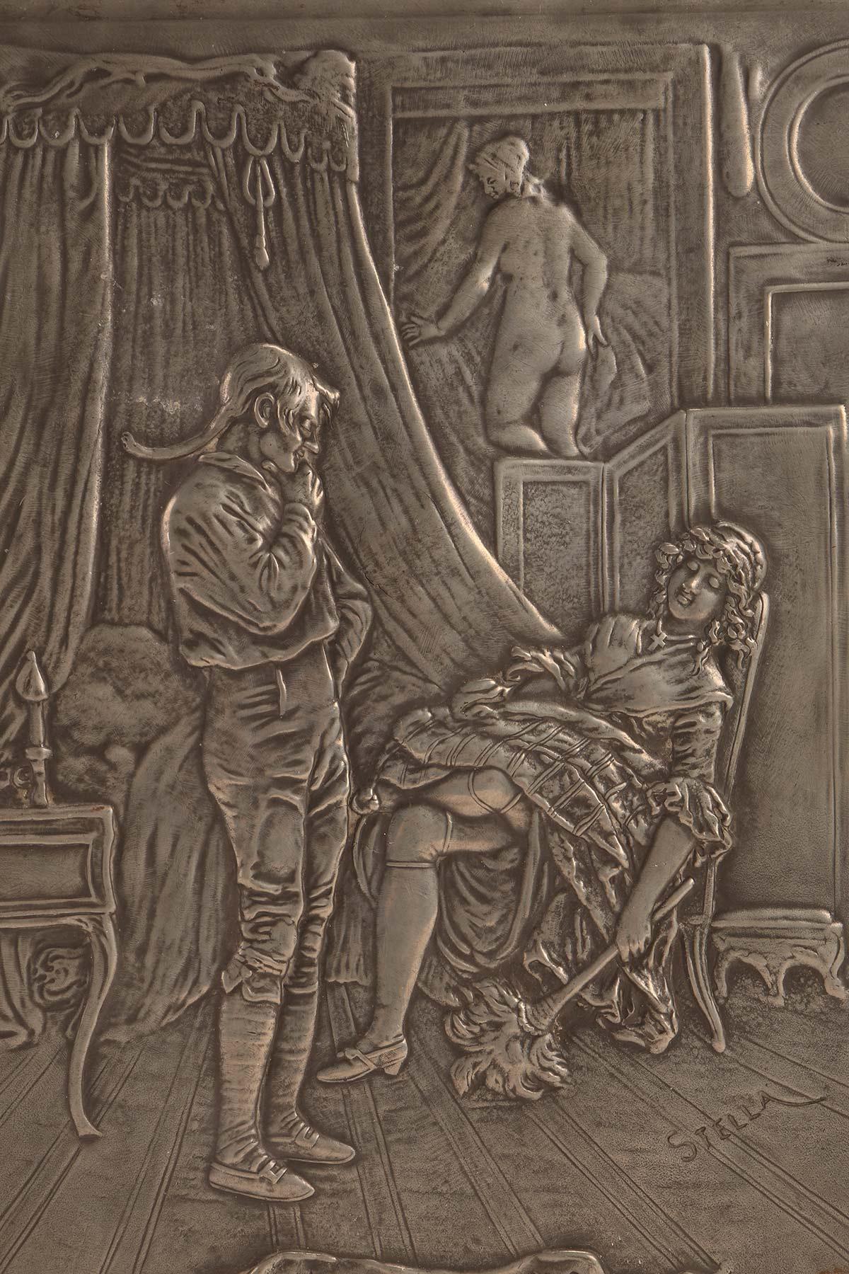 Francese Targa erotica in peltro fuso, Francia 1880. in vendita