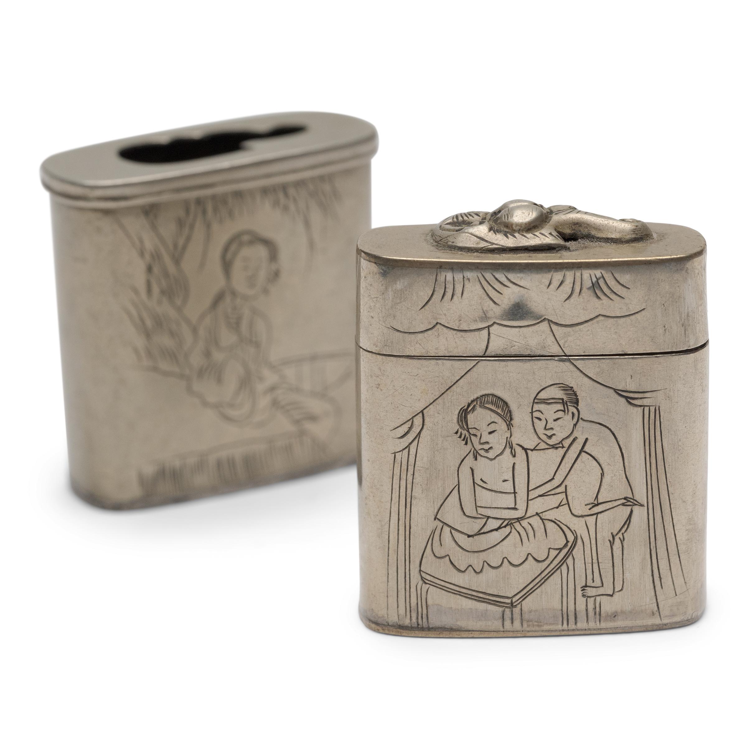 Erotice chinesische Baitong-Opalschachtel aus Opium, um 1850 (Qing-Dynastie) im Angebot