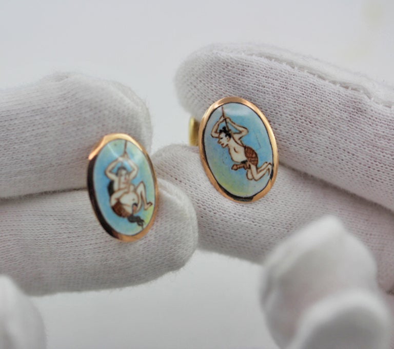 Erotic Cufflinks Enamel 18 Karat Rose Yellow Gold In Excellent Condition For Sale In Milano, IT