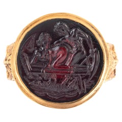 Erotic Garnet Intaglio 18kt Yellow Gold Ring Late 17th Century