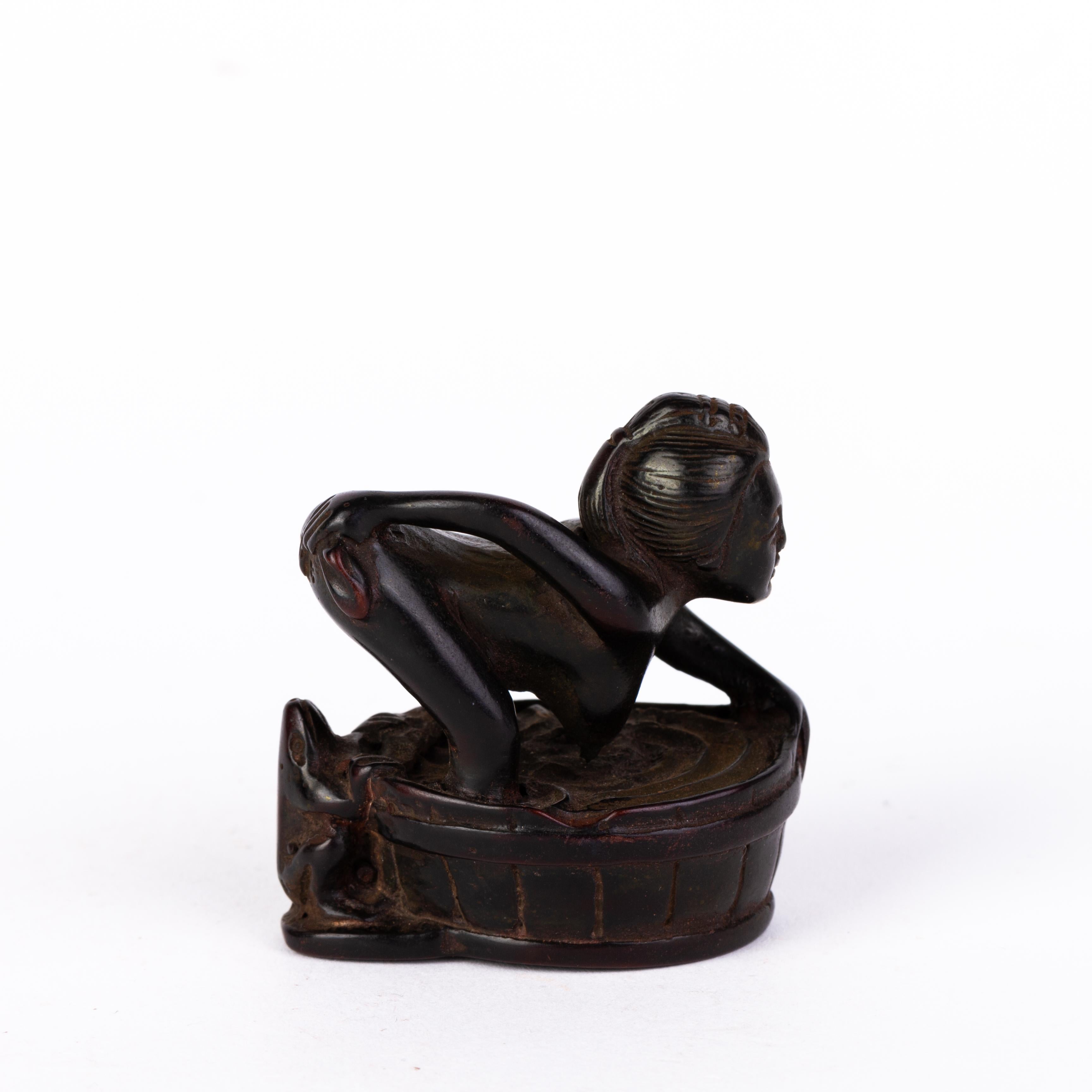Hand-Carved Erotic Japanese Carved Ebony Wood Woman Bathing Netsuke Inro Ojime