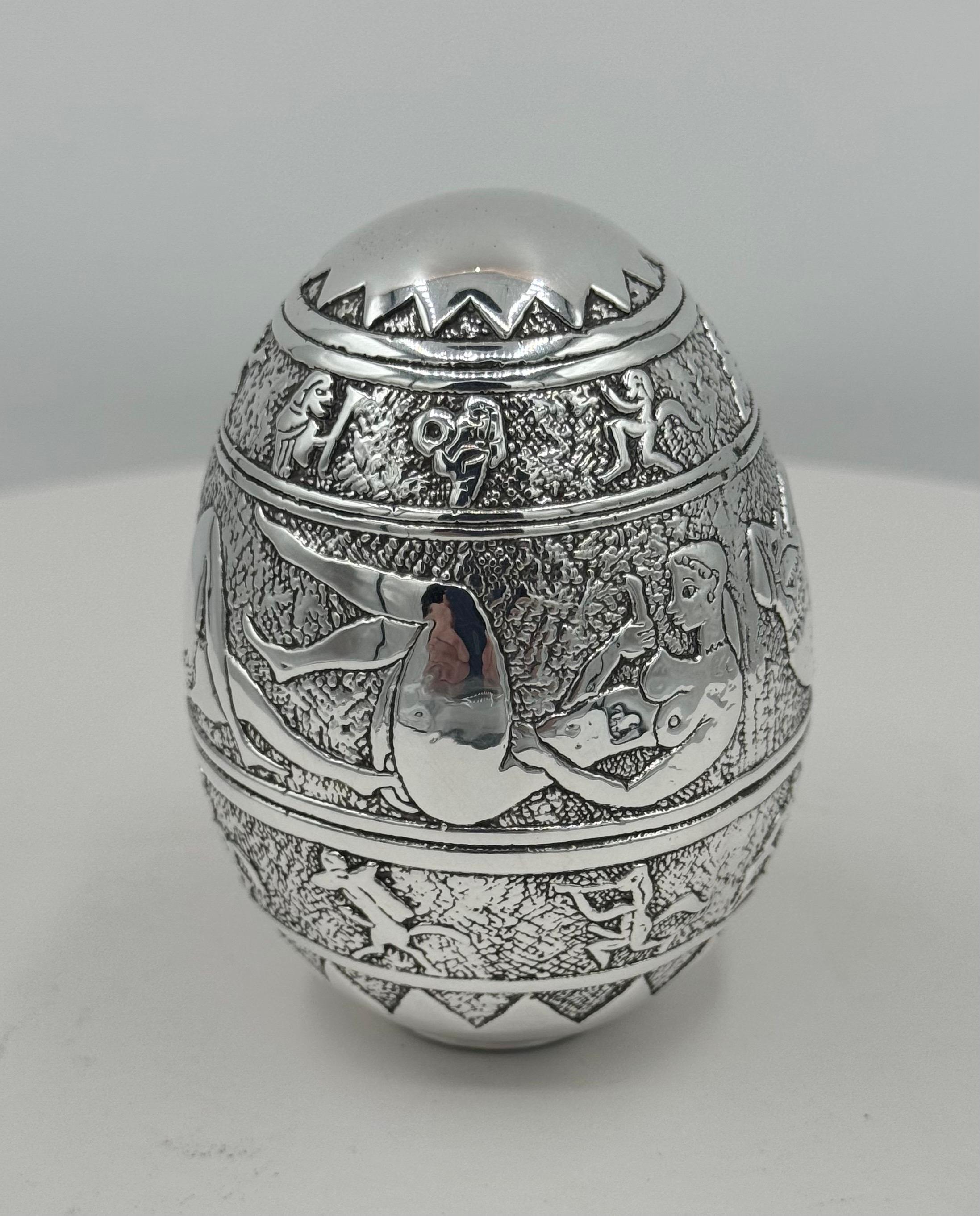 Erotic Silver Egg, marked Made in Greece 999 Silver
with various erotic images. Weight 48oz