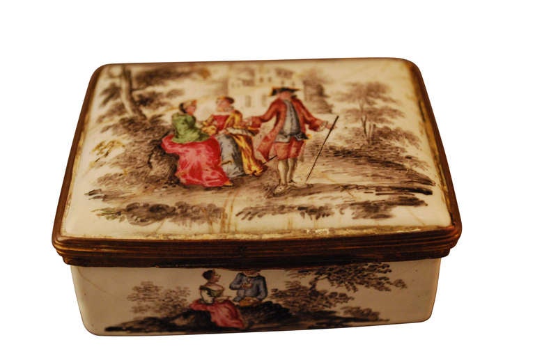 French late 18th century enamel snuff box with explicit and highly erotic scenes behind the secret lid.
It is a rare double-lid version of a snuff tobacco box. The top lid has two hidden intricate and highly erotic scenes, one of them a