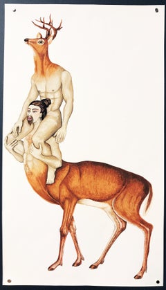 Deux demi-figures de cerfs à l'aquarelle de l'arbre de la vie érotique de Heather Ujiie