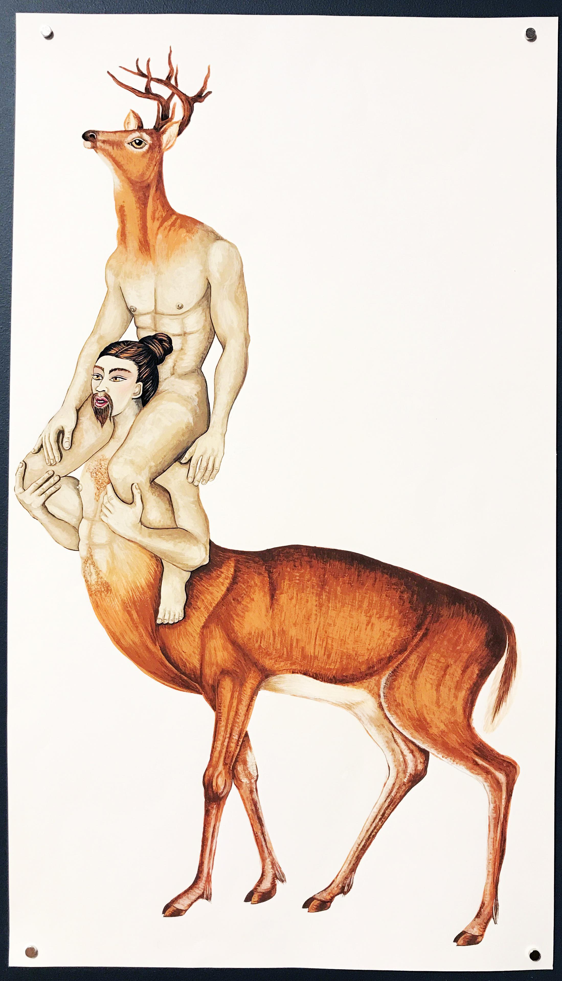 Two HalfDeer Figures in Watercolor from the Erotic Tree of Life by Heather Ujiie In New Condition For Sale In Philadelphia, PA