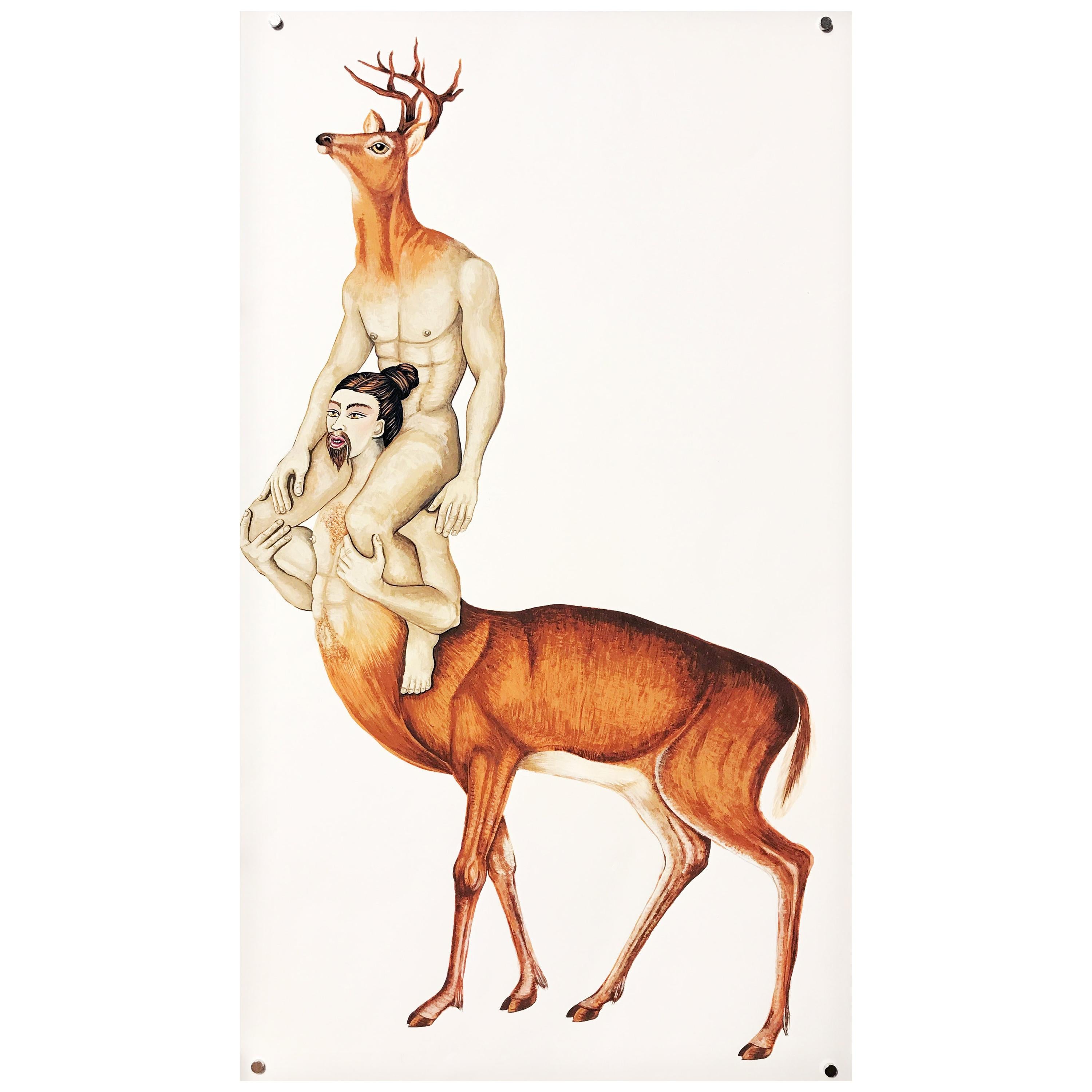 Two HalfDeer Figures in Watercolor from the Erotic Tree of Life by Heather Ujiie For Sale