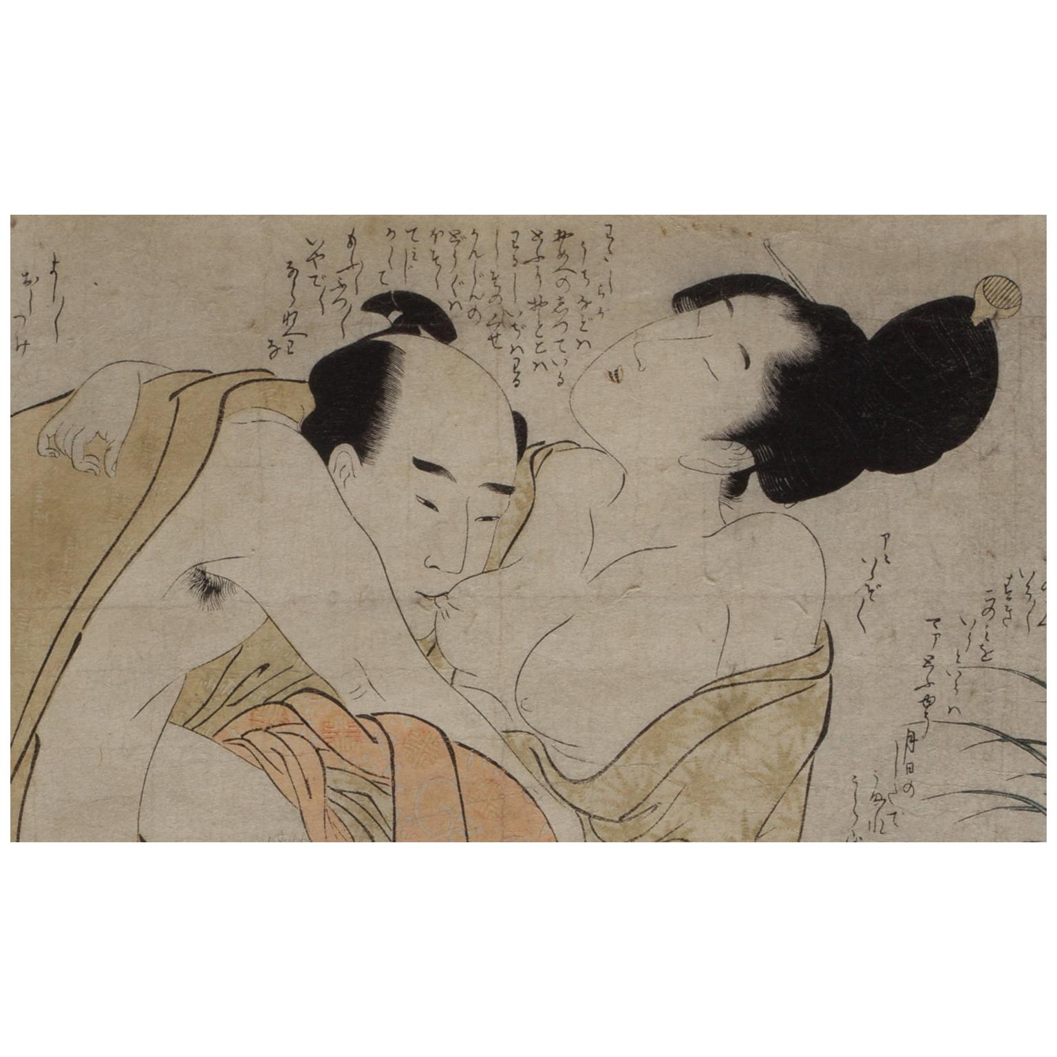 Negai no itoguchi (Die Fäden des Verlangens entwirren), 1799
Oban yoko-e

Erotische Drucke spielen in der japanischen Kunstgeschichte eine herausragende Rolle: Sexuelle Lust wird mit prächtigem Ausdruck und extremer Stilisierung auf Papier