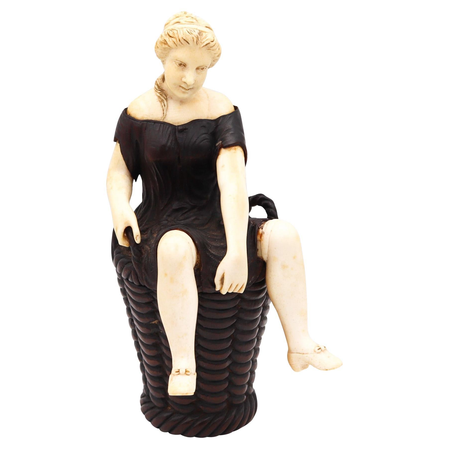 Erotical 19th Century Sculpture Box Of Woman Sitting On A Carved Basket In Wood