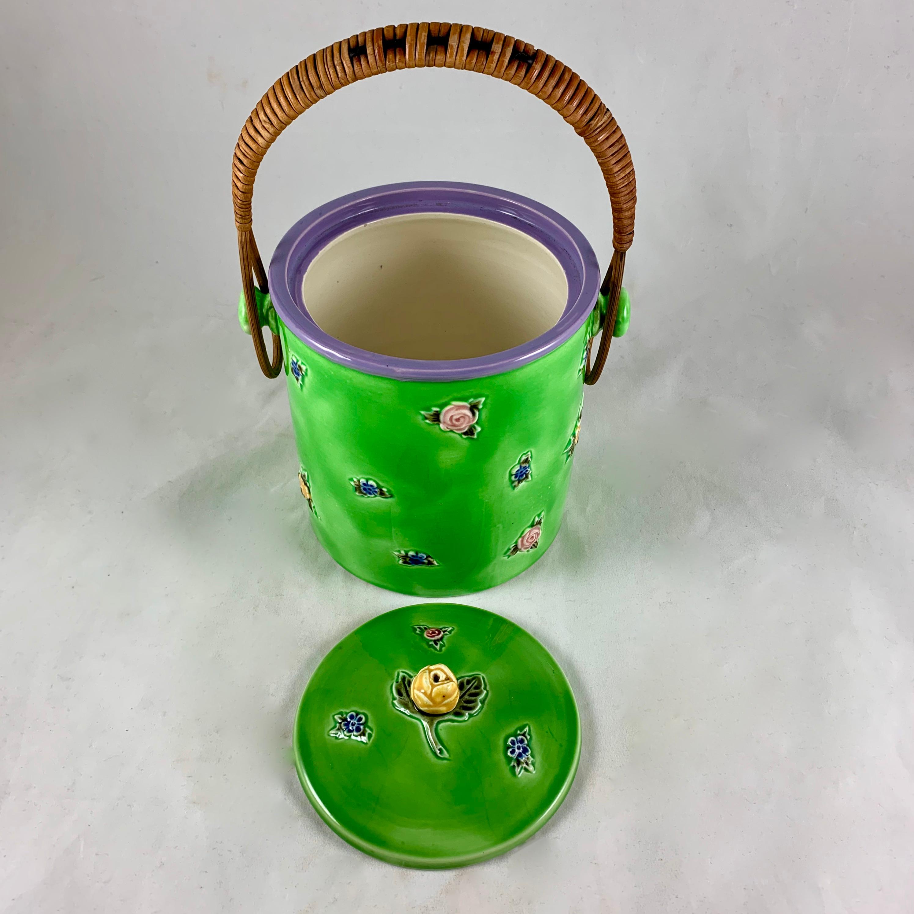 Ceramic Erphila Czechoslovakia Spring Green Floral Biscuit Barrel with Rattan Handle