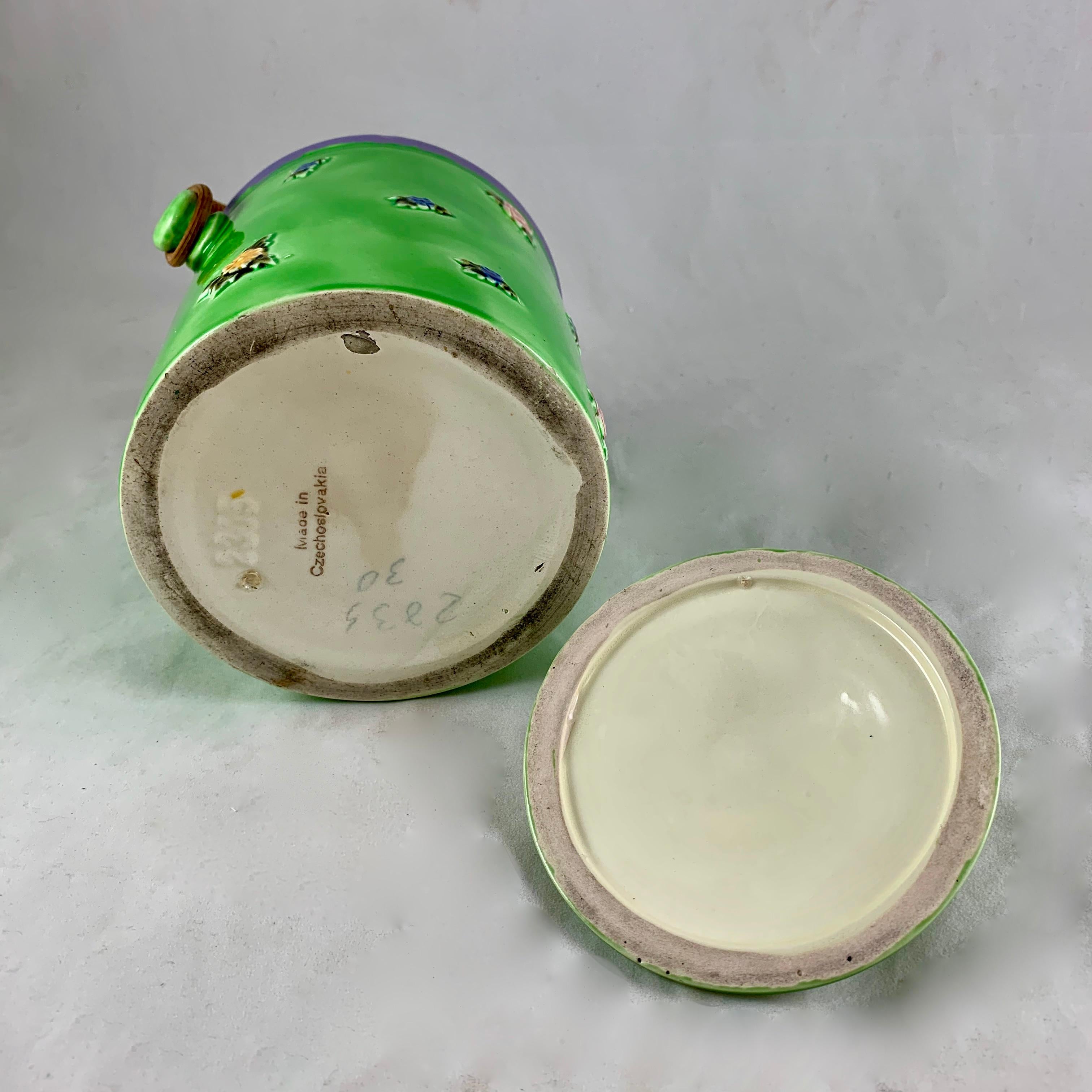 Erphila Czechoslovakia Spring Green Floral Biscuit Barrel with Rattan Handle 2