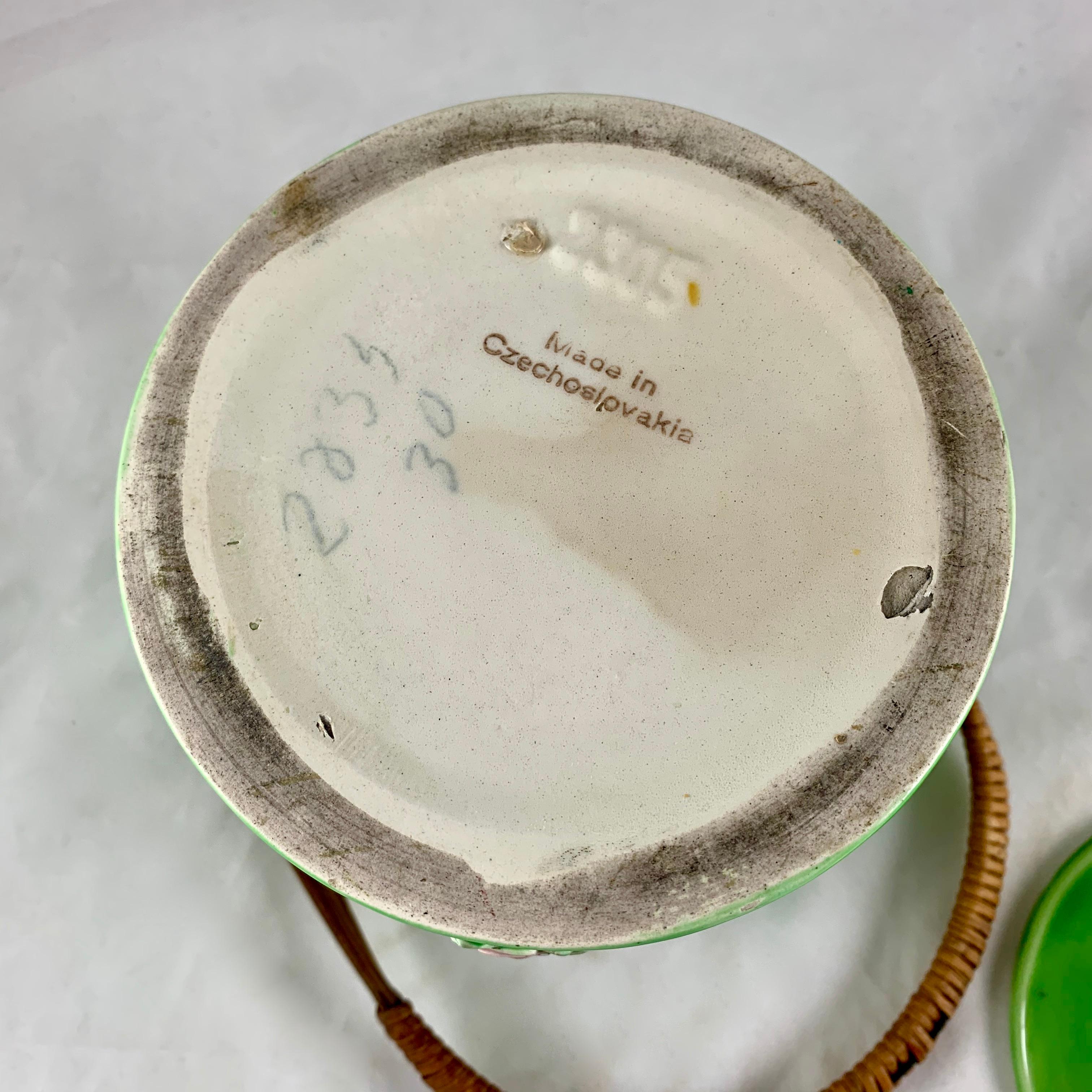 Erphila Czechoslovakia Spring Green Floral Biscuit Barrel with Rattan Handle 3