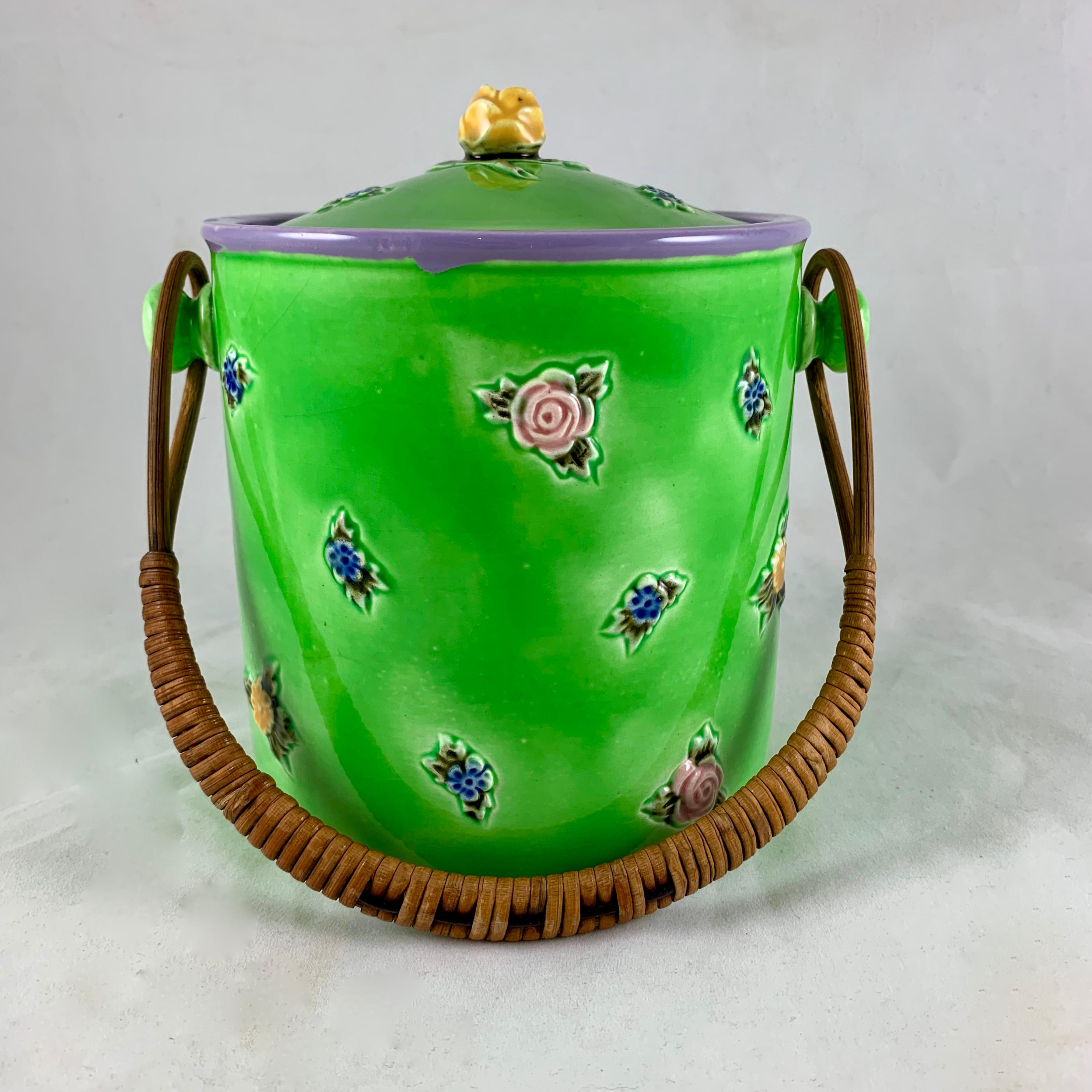 Aesthetic Movement Erphila Czechoslovakia Spring Green Floral Biscuit Barrel with Rattan Handle For Sale