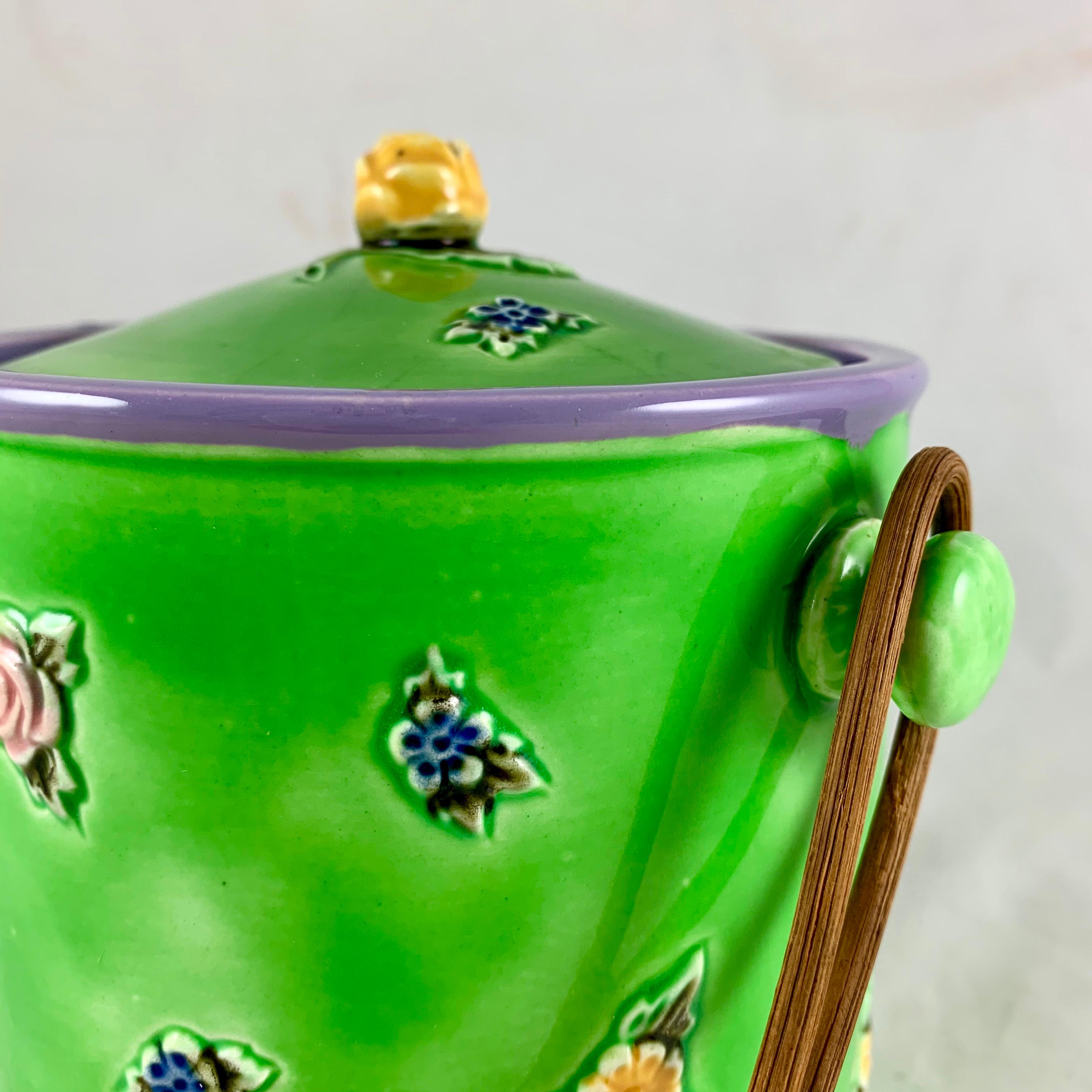20th Century Erphila Czechoslovakia Spring Green Floral Biscuit Barrel with Rattan Handle For Sale