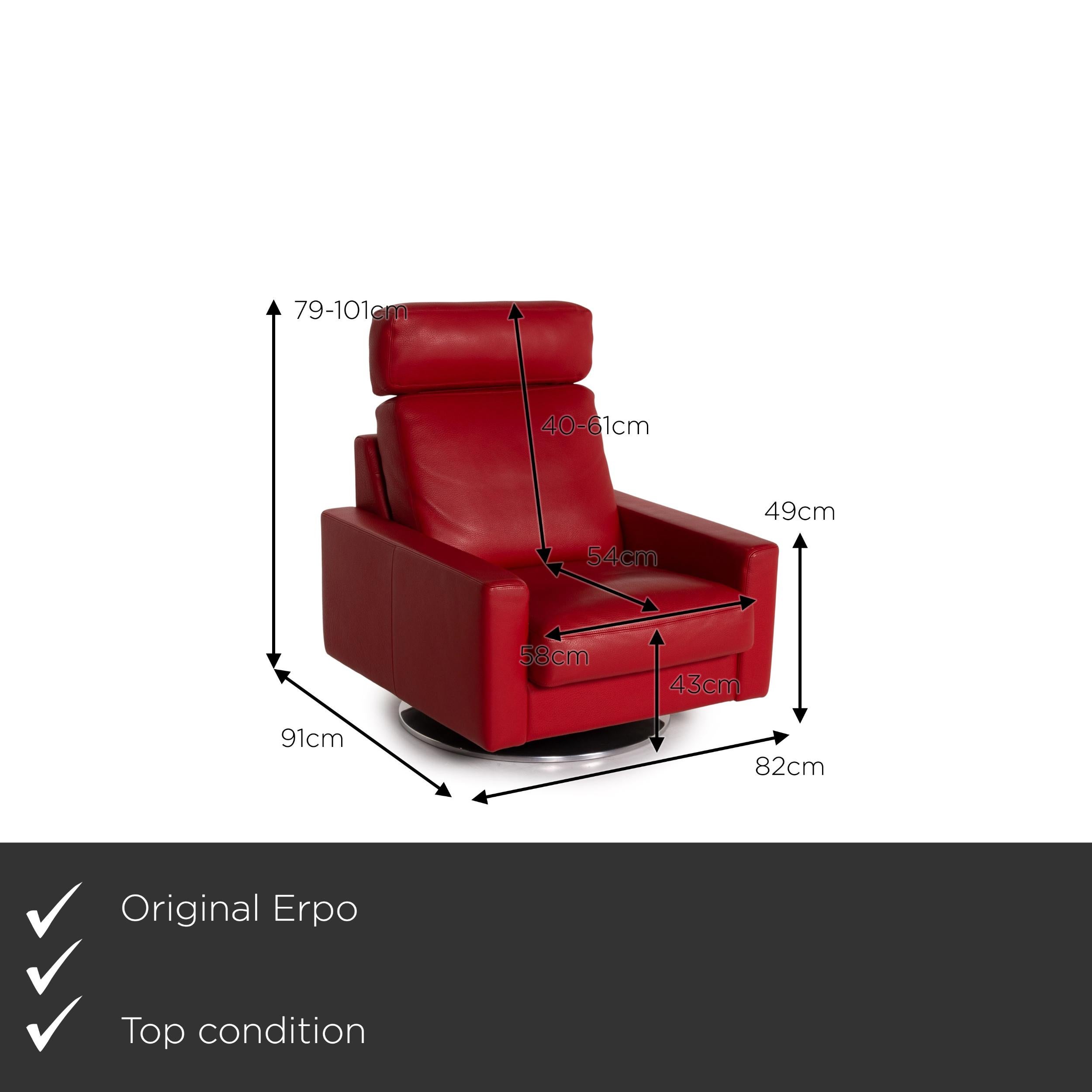 We present to you an Erpo leather armchair incl. Stool red.

 

 Product measurements in centimeters:
 

Depth 91
Width 82
Height 101
Seat height 43
Rest height 49
Seat depth 54
Seat width 58
Back height 61.