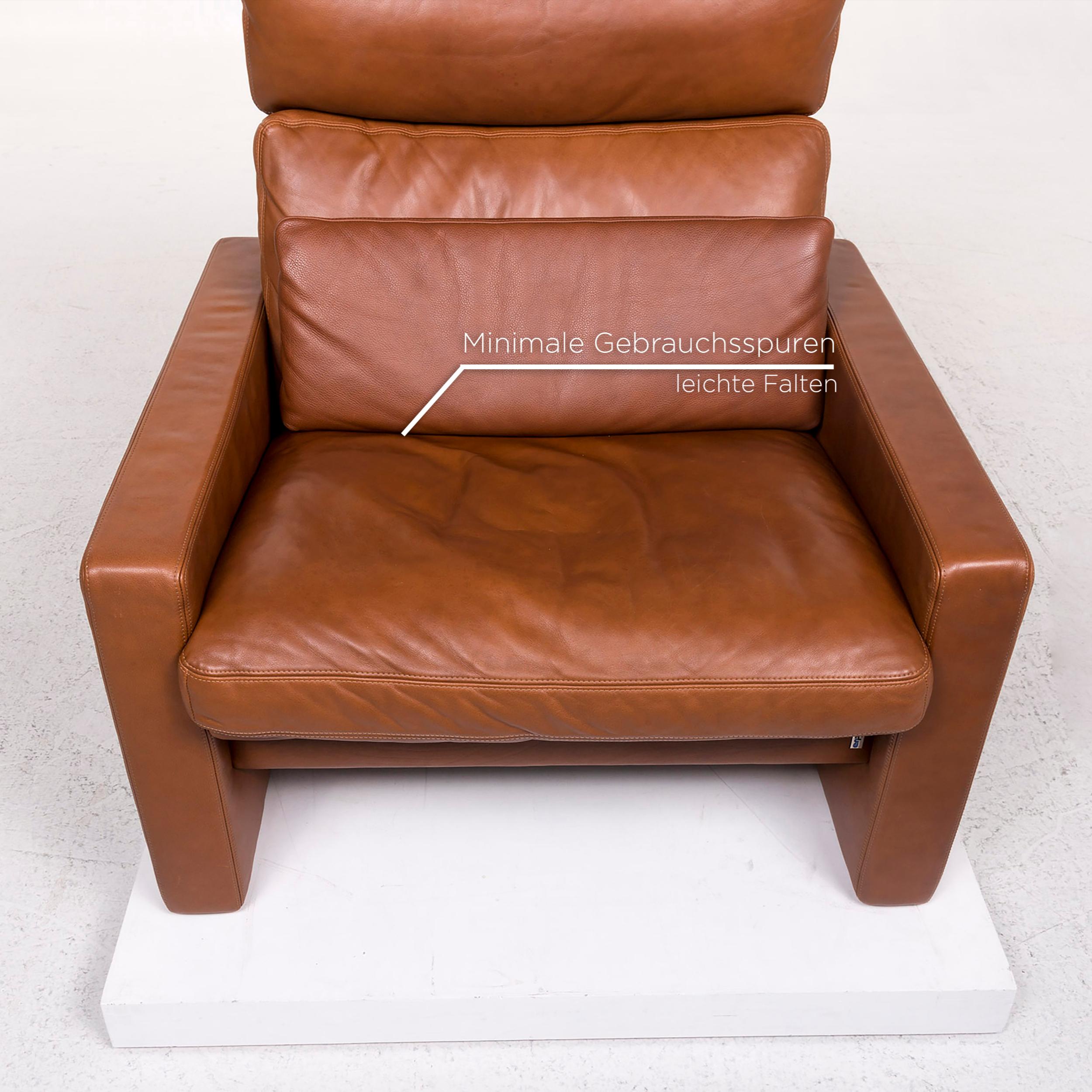 Contemporary Erpo Leather Armchair Set Cognac Brown 1 Armchair 1 Stool
