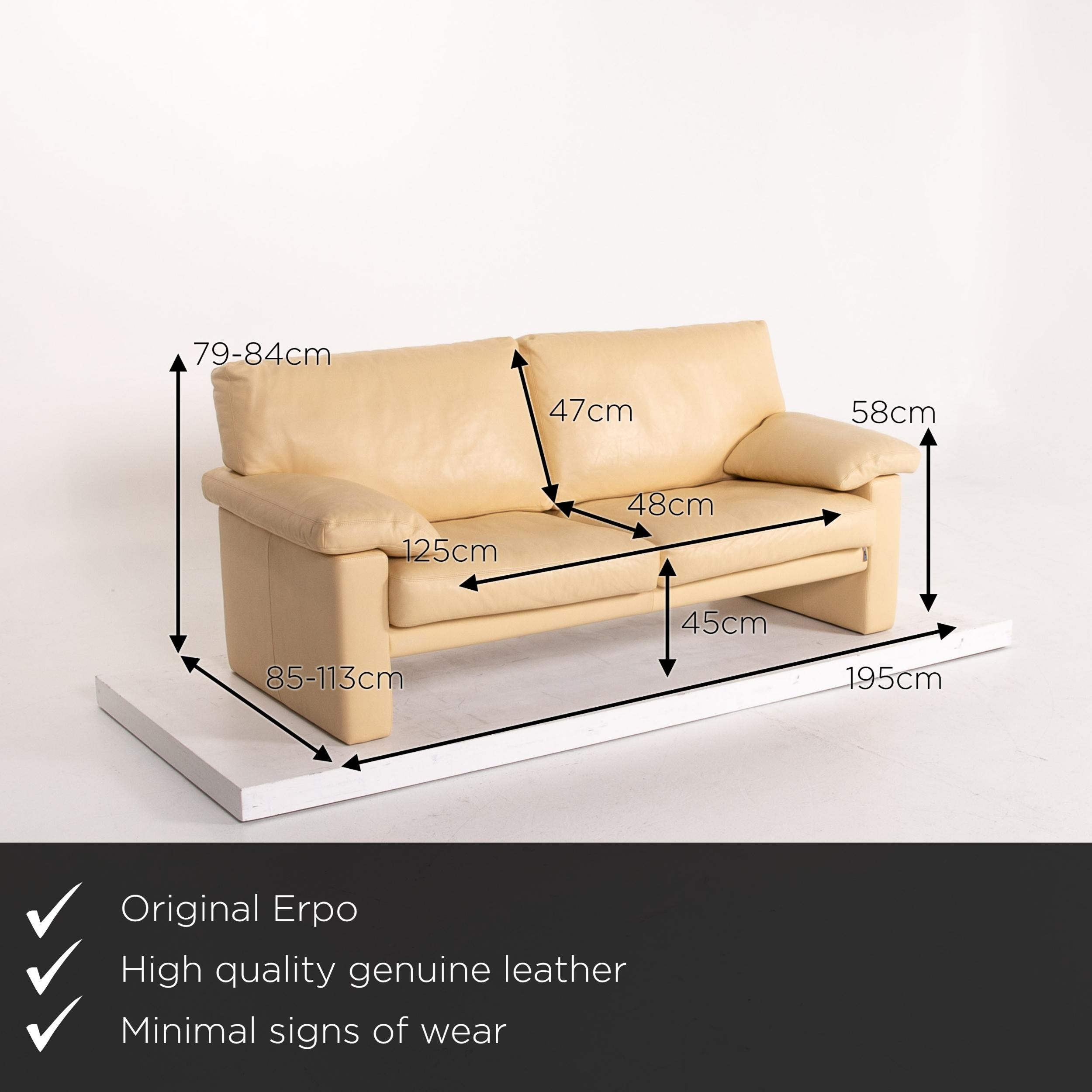 We present to you an Erpo leather sofa beige two-seat couch.

 

 Product measurements in centimeters:
 

Depth 85
Width 195
Height 79
Seat height 45
Rest height 58
Seat depth 48
Seat width 125
Back height 47.

  