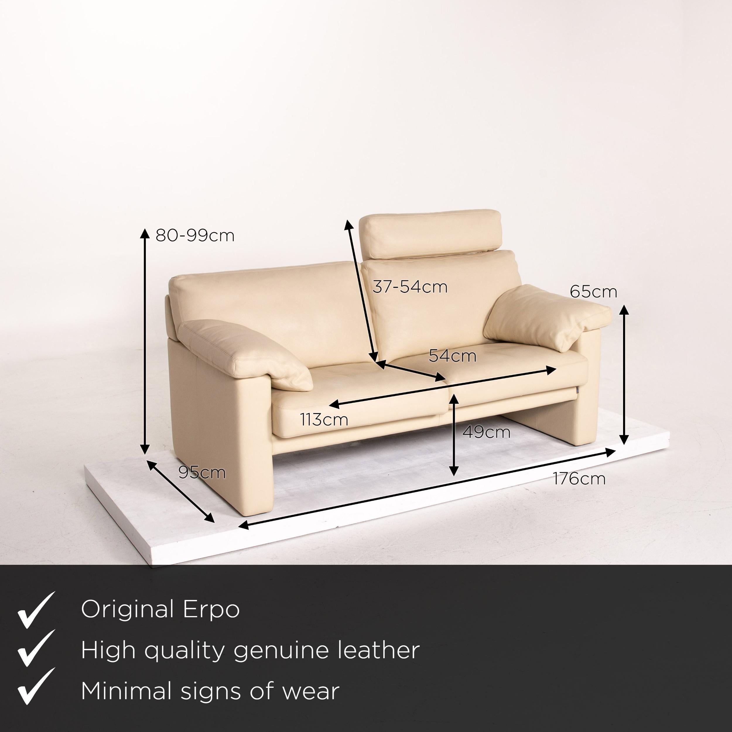 We present to you an Erpo leather sofa cream two-seat function couch.

 

 Product measurements in centimeters:
 

Depth 95
Width 176
Height 99
Seat height 49
Rest height 65
Seat depth 54
Seat width 113
Back height 37.