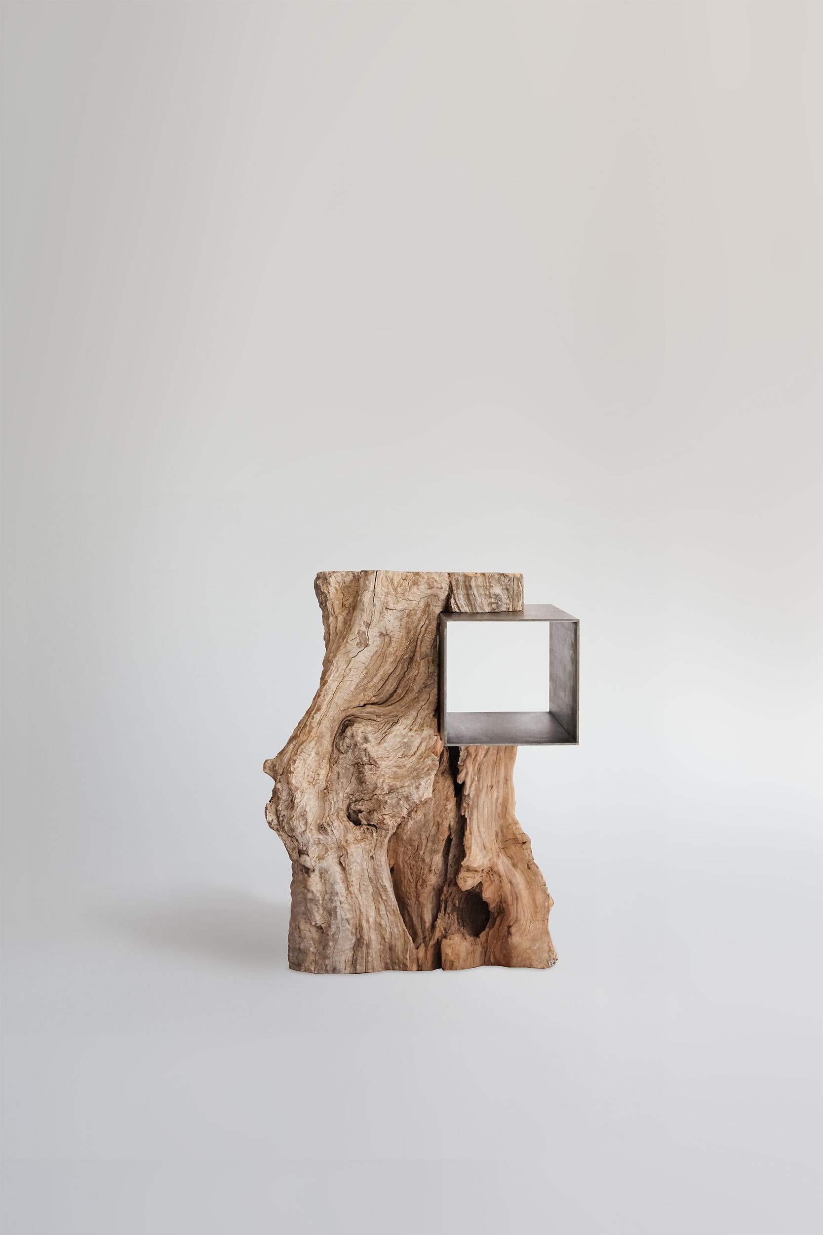 Travail du bois Erra Side Olive wood and Cantilever Metal Table by  Adriane Escarfullery en vente