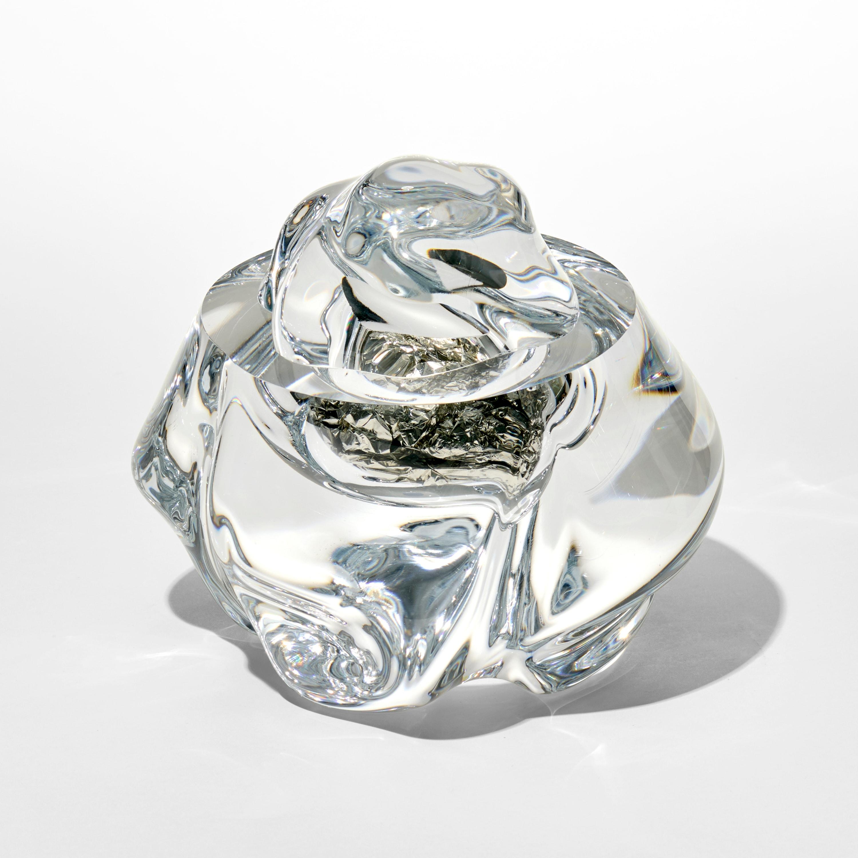 Organic Modern Erratic with Tin Leaf, amorphic clear glass sculpture by Anthony Scala For Sale