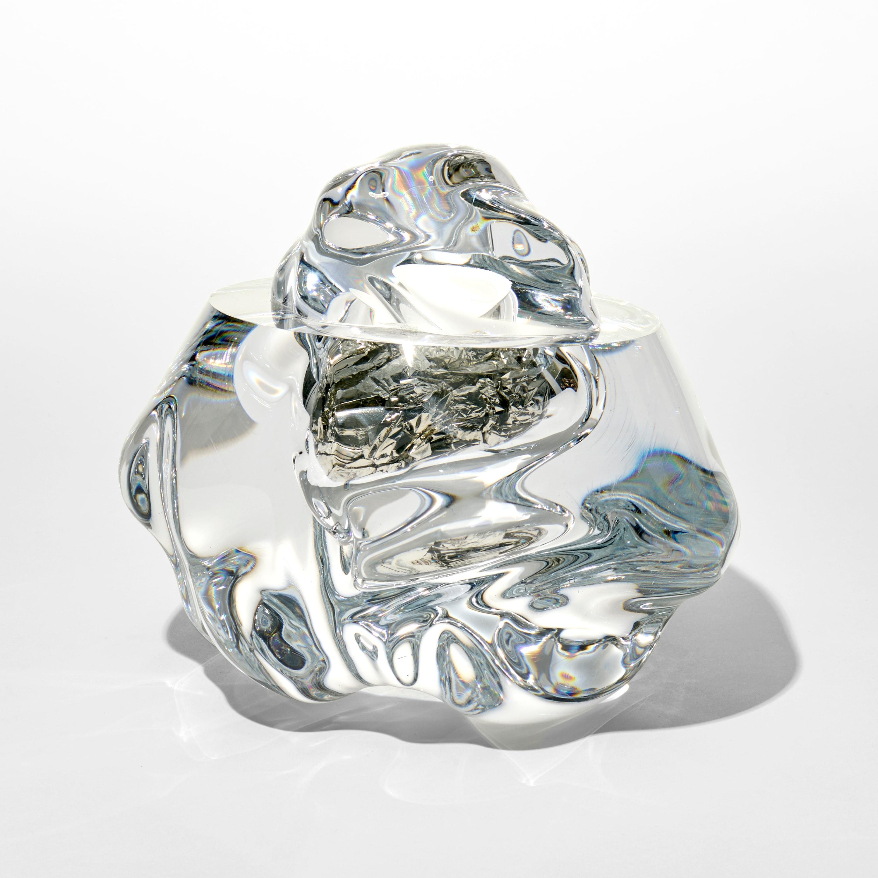 Hand-Crafted Erratic with Tin Leaf, amorphic clear glass sculpture by Anthony Scala For Sale