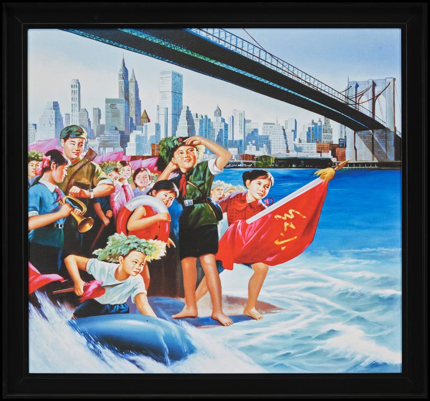 Erró Figurative Painting - “Chairman Mao’s Long Journey” Brooklyn Bridge New York