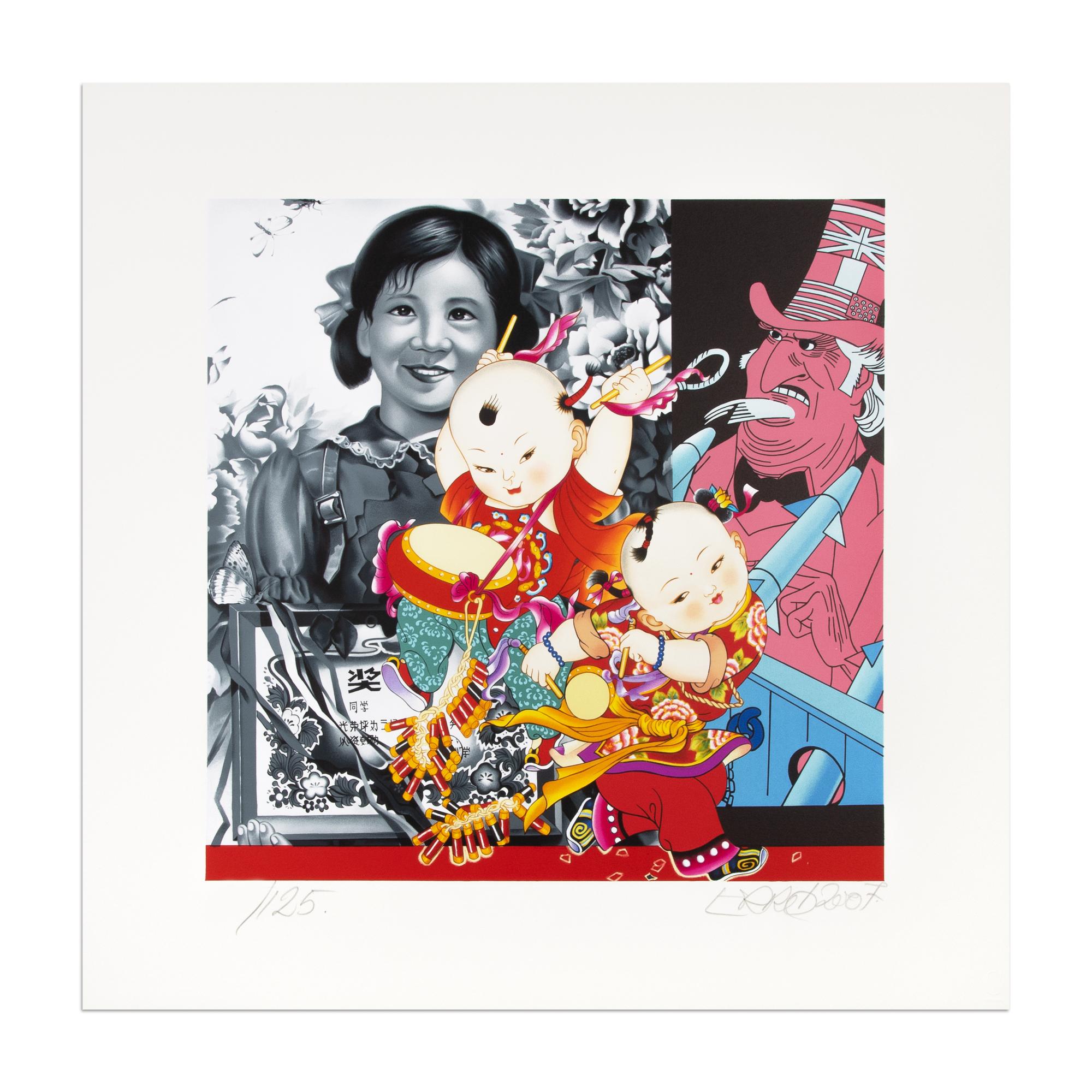 Erró (geboren 1932 in Island)
Les grands enfants de Mao (Die Enkelkinder von Mao), 2007
Medium: Farblithographie
Abmessungen: 55 x 55 cm
Auflage von 125: Hans signiert und nummeriert
Zustand: Neuwertig

"Ich würde gerne als Post-Pop-Künstler gelten,