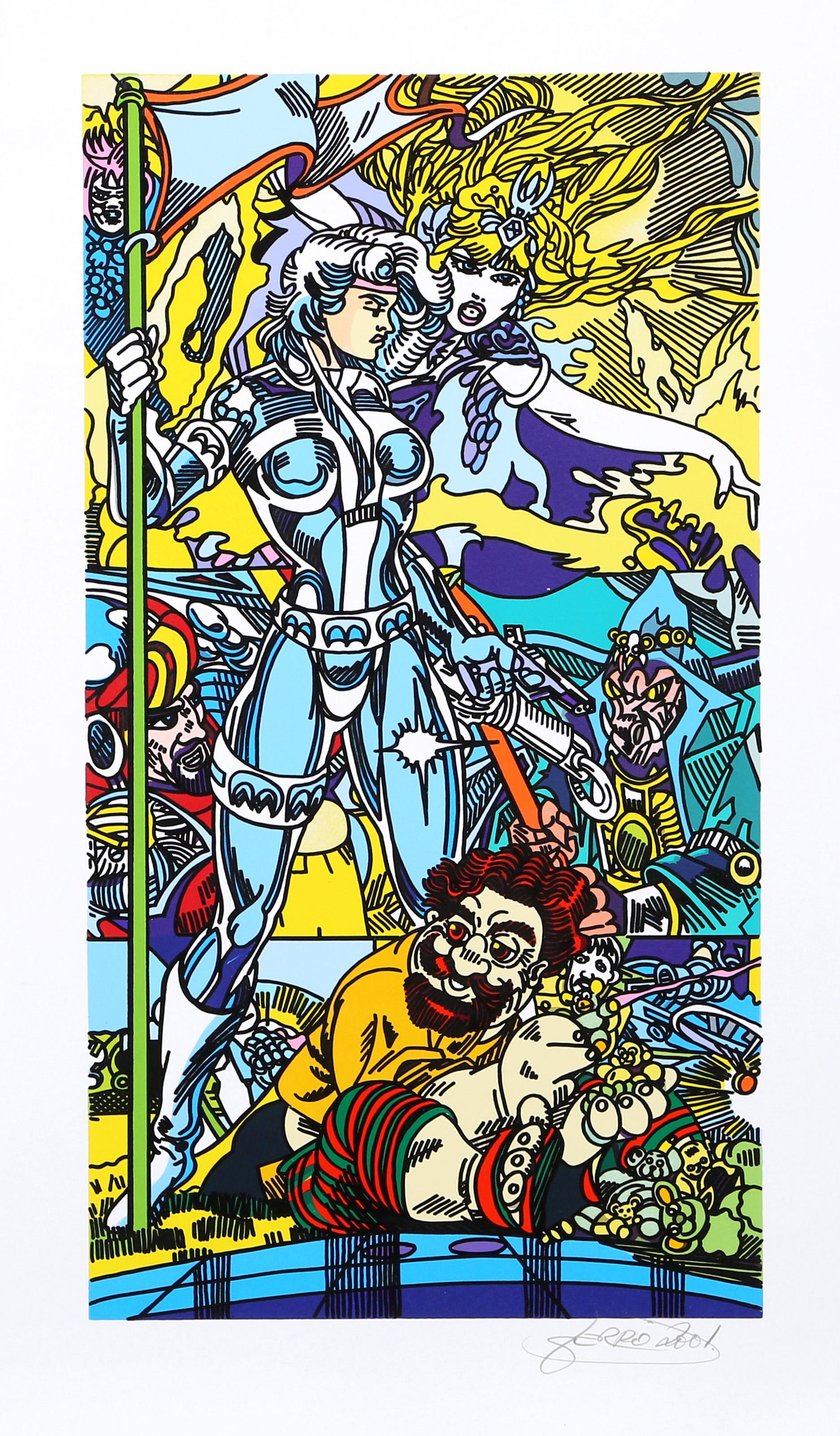 A lithograph by Icelandic Pop artist Erro. Like many other noteworthy Pop artists, Erro drew inspiration for his style and subjects from popular media, focusing mostly on comic books and cartoons. What set his work apart was the regular integration